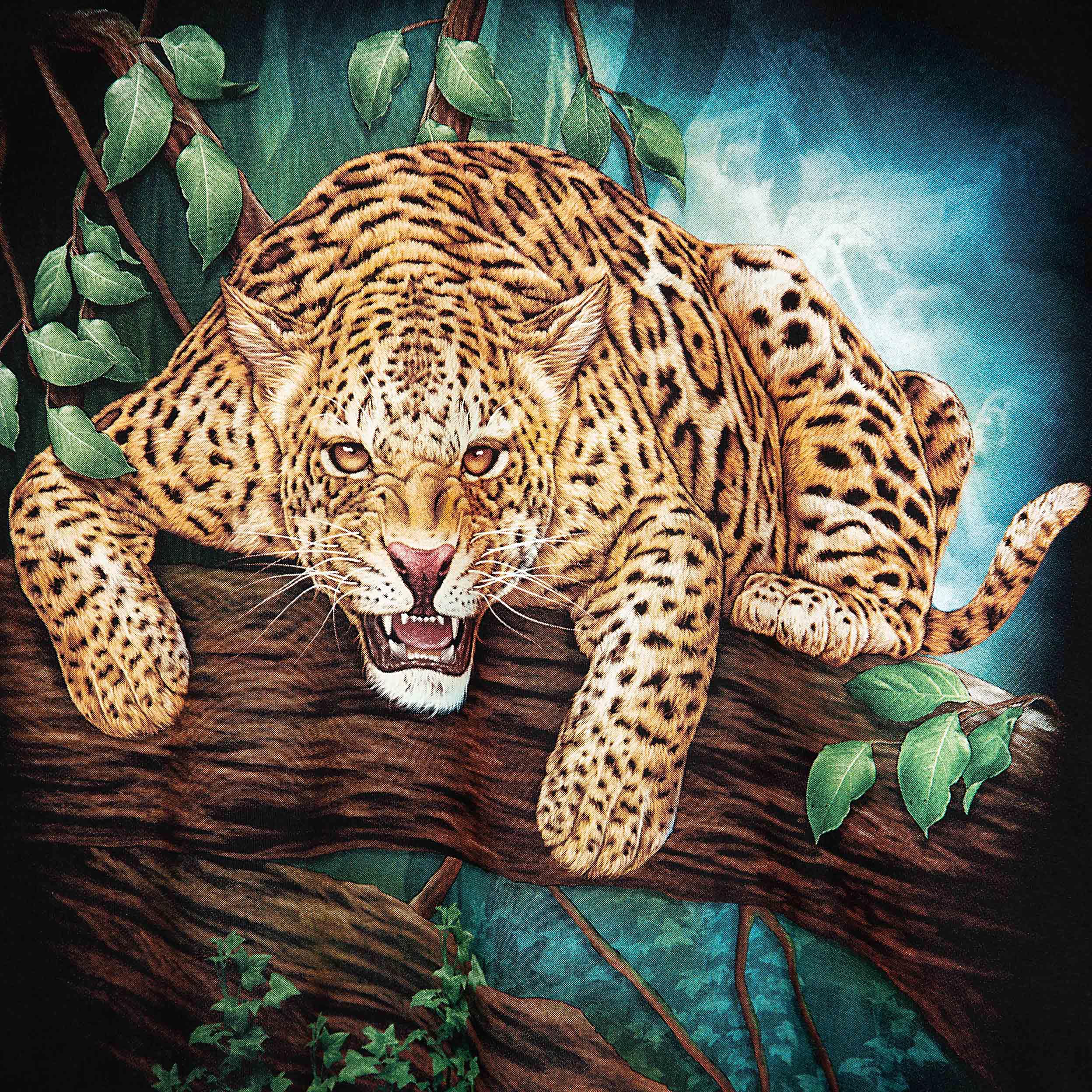 Rock Eagle black unisex t-shirt with a fierce, realistic graphic of a jaguar crouching on a jungle tree branch, staring forward with an open mouth.