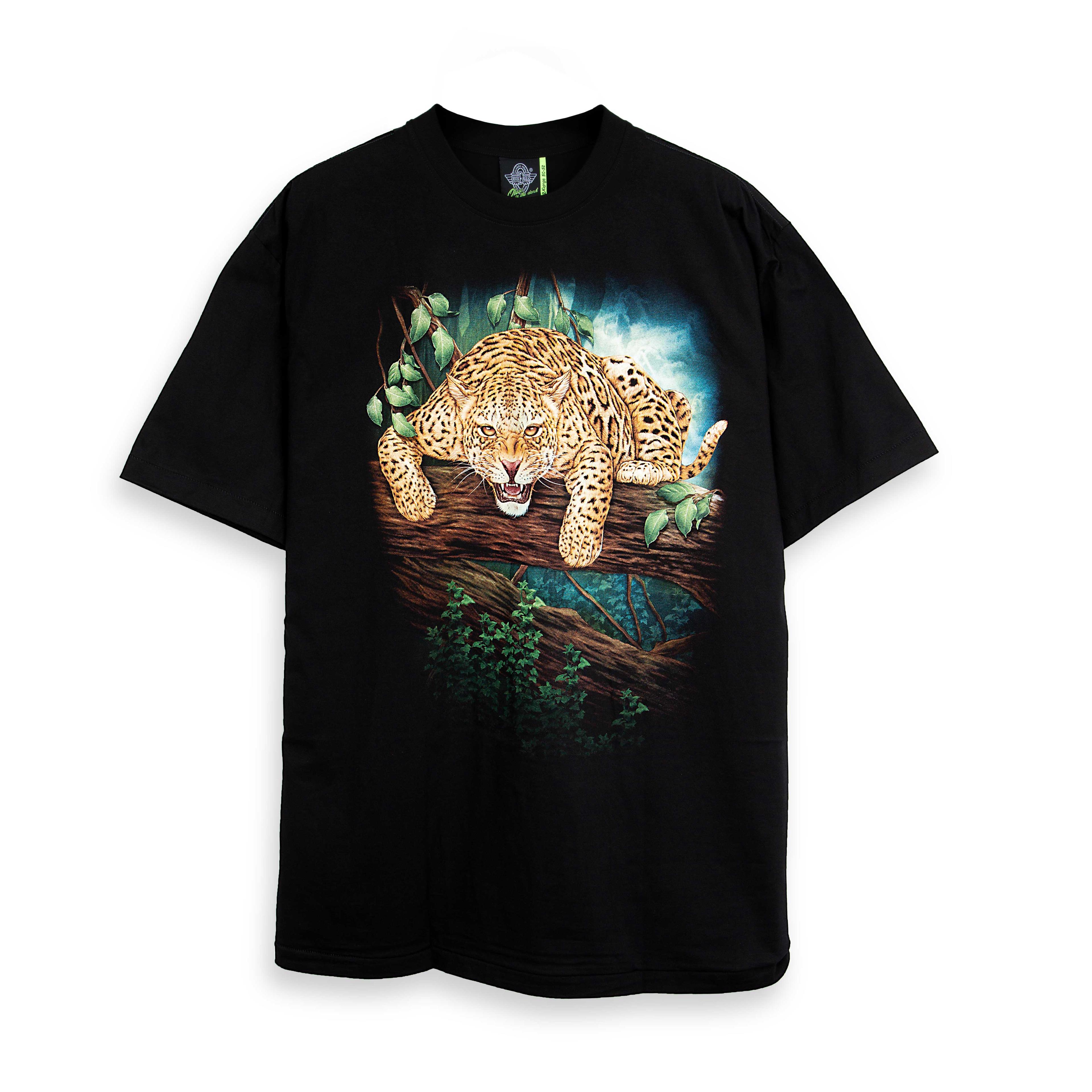 Rock Eagle black unisex t-shirt with a fierce, realistic graphic of a jaguar crouching on a jungle tree branch, staring forward with an open mouth.
