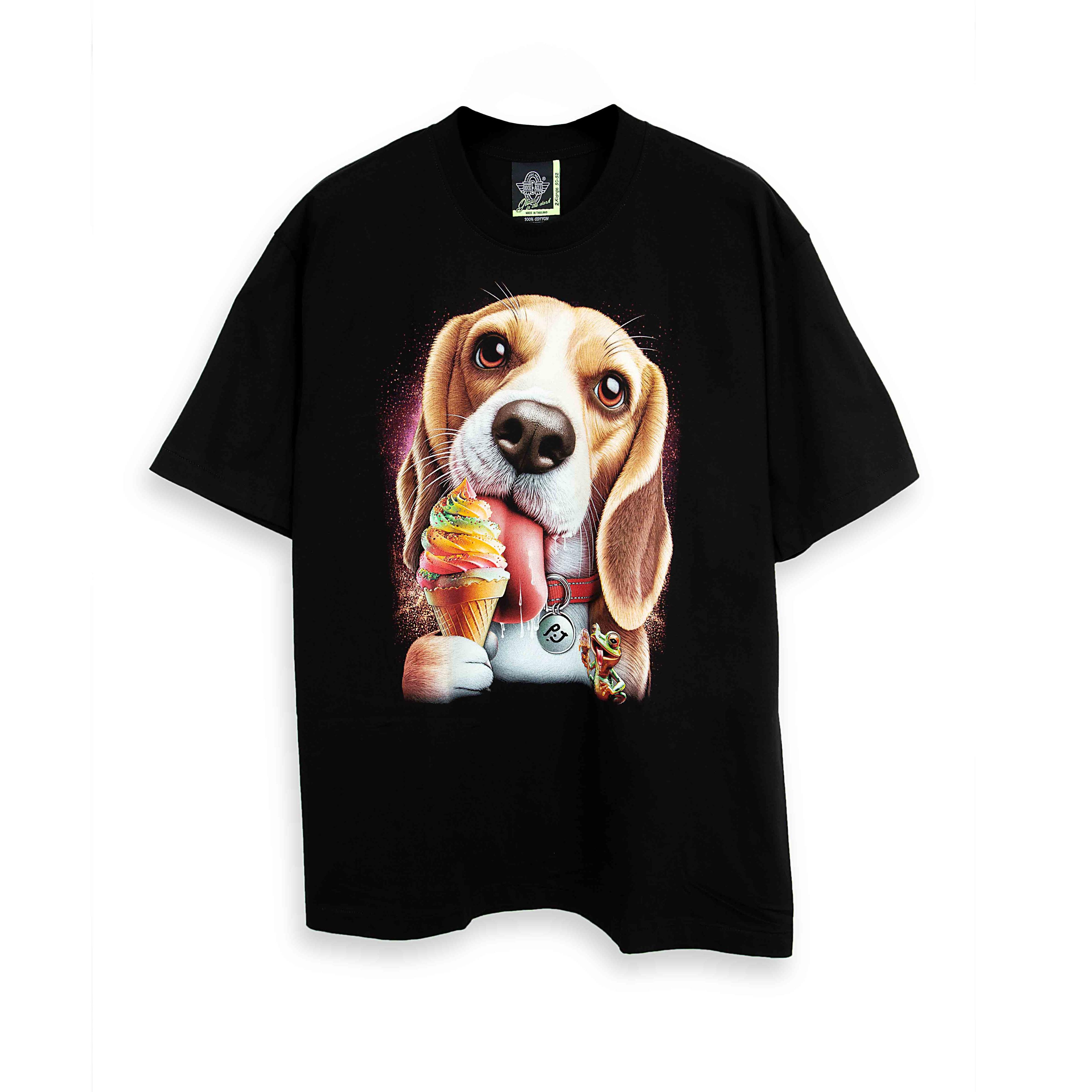 Rock Eagle black unisex t-shirt with a detailed, cute graphic of a Beagle dog happily licking a colorful, rainbow-swirl ice cream cone.