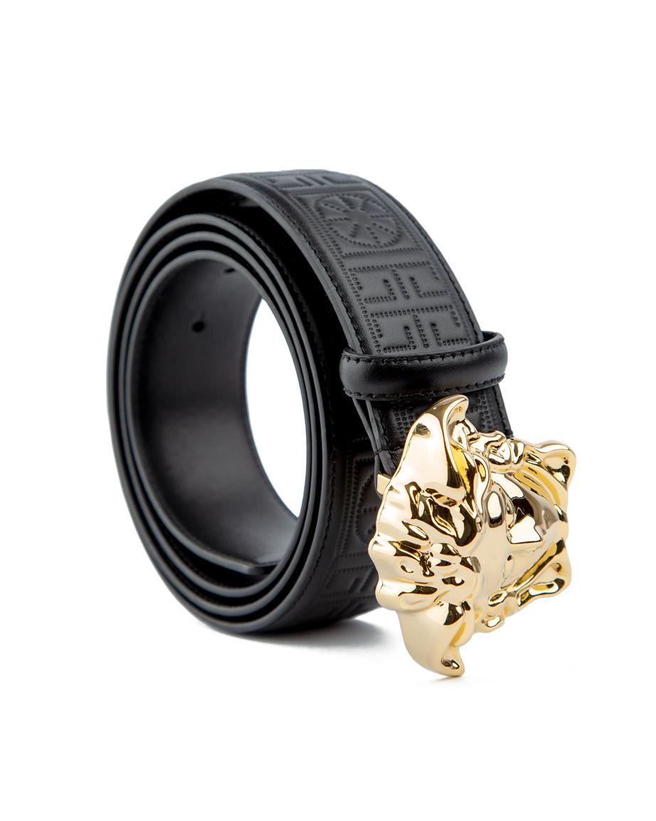 Black embossed designer belt with a gold lion head buckle—luxurious, stylish, and perfect for both men and women.