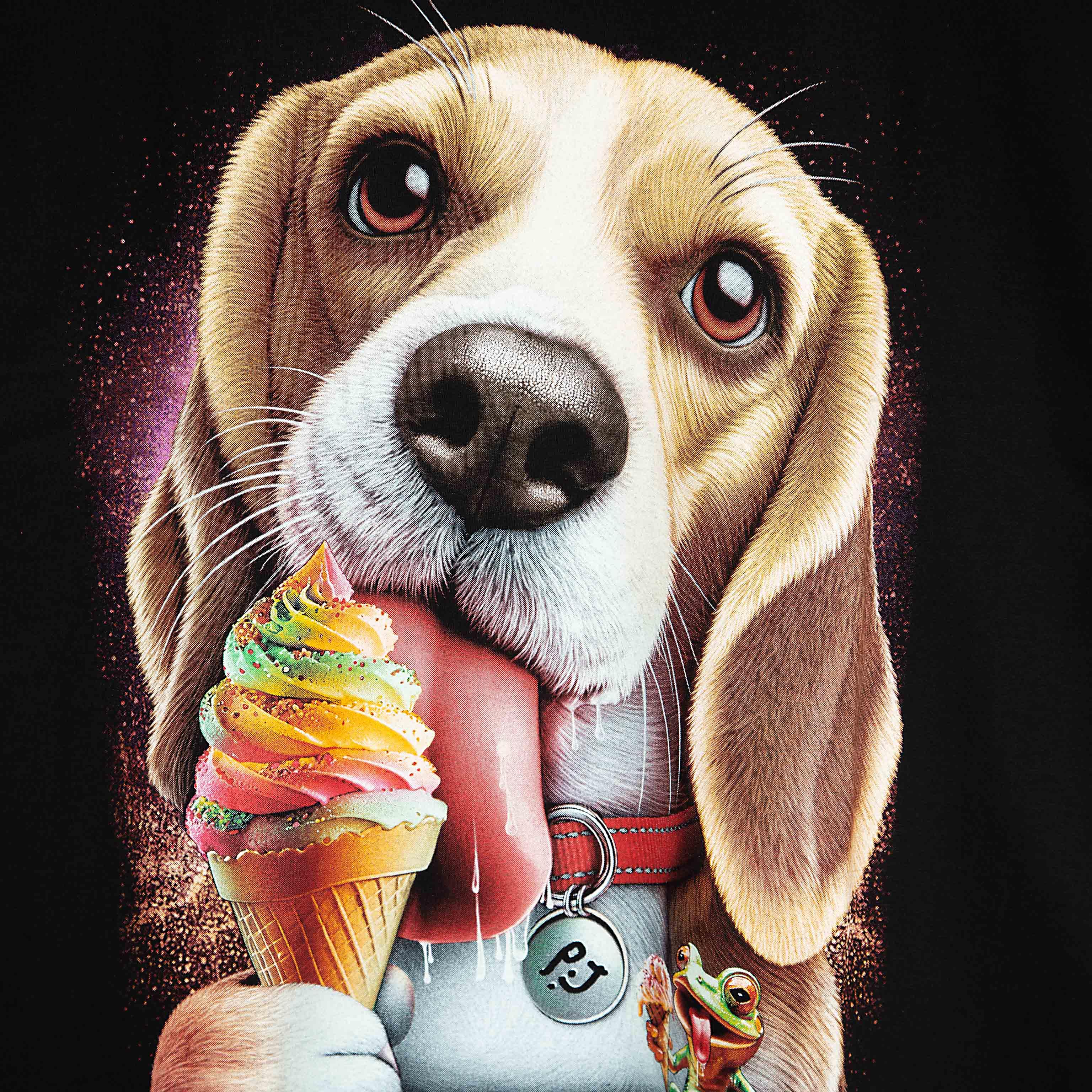 Rock Eagle black unisex t-shirt with a detailed, cute graphic of a Beagle dog happily licking a colorful, rainbow-swirl ice cream cone.