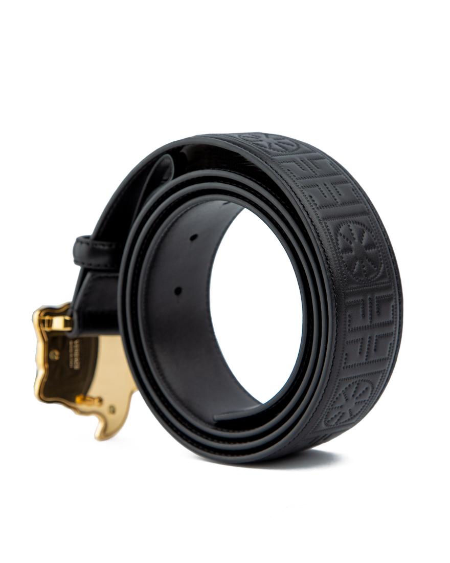 Black embossed designer belt with a gold lion head buckle—luxurious, stylish, and perfect for both men and women.