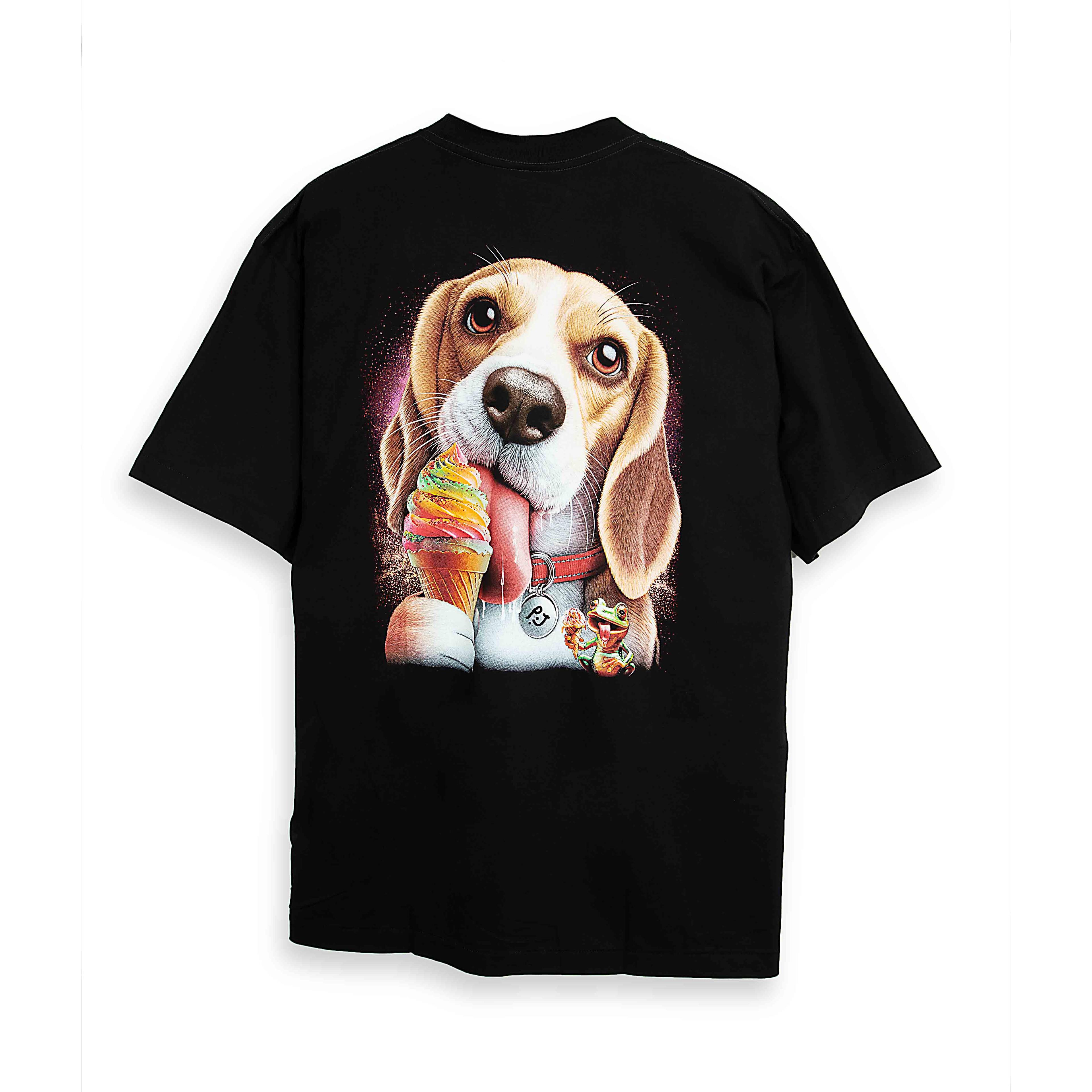 Rock Eagle black unisex t-shirt with a detailed, cute graphic of a Beagle dog happily licking a colorful, rainbow-swirl ice cream cone.