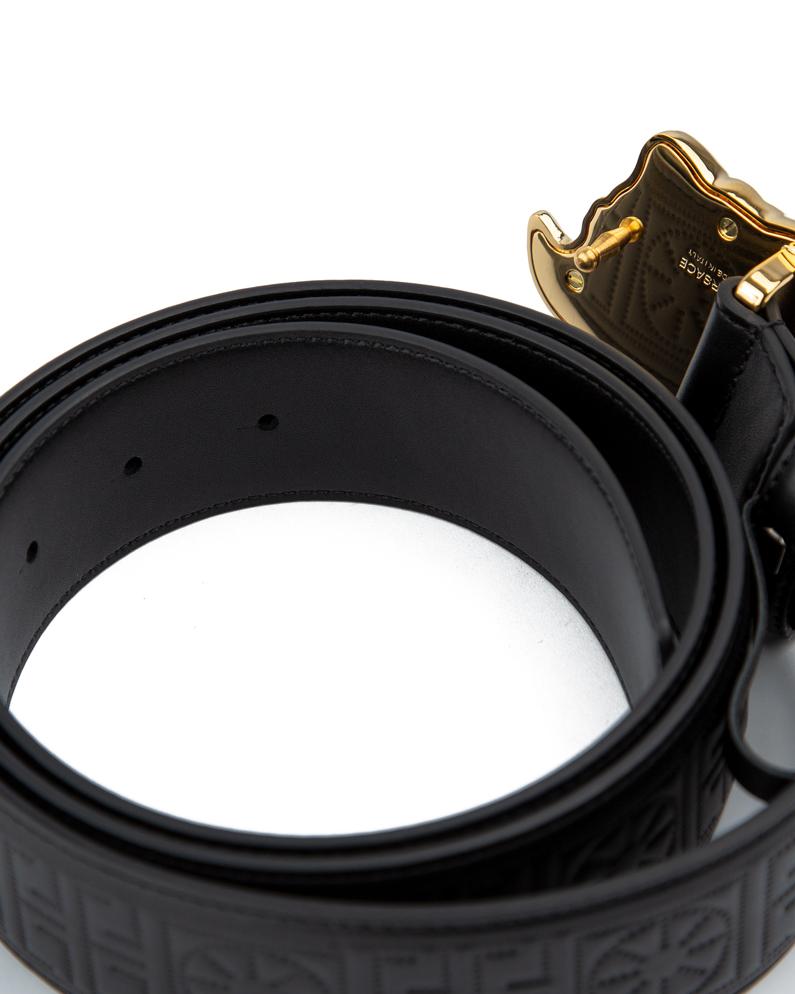 Black embossed designer belt with a gold lion head buckle—luxurious, stylish, and perfect for both men and women.