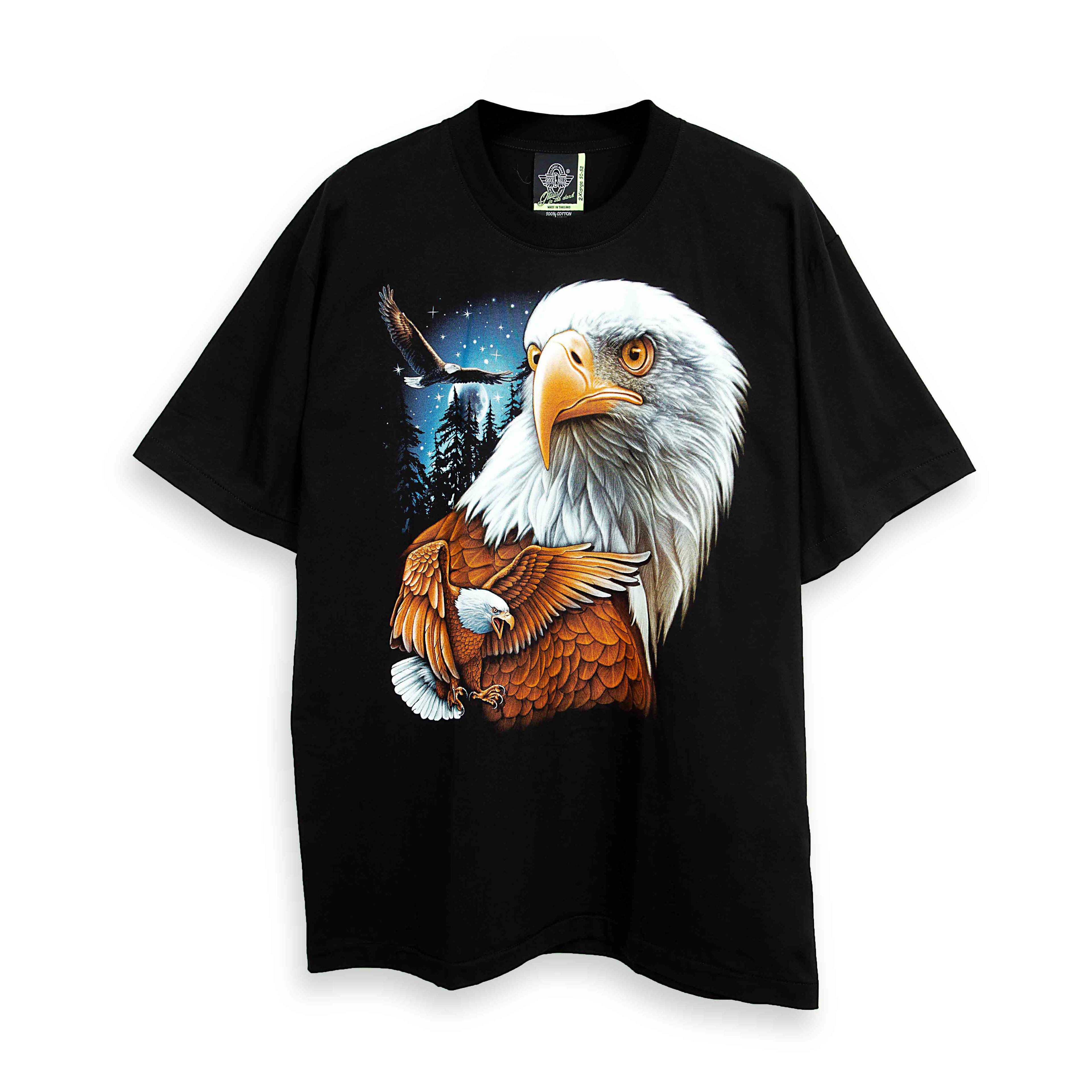 Rock Eagle black unisex t-shirt with a detailed, realistic graphic of a Bald Eagle's head and an eagle in flight against a blue, starry night sky.