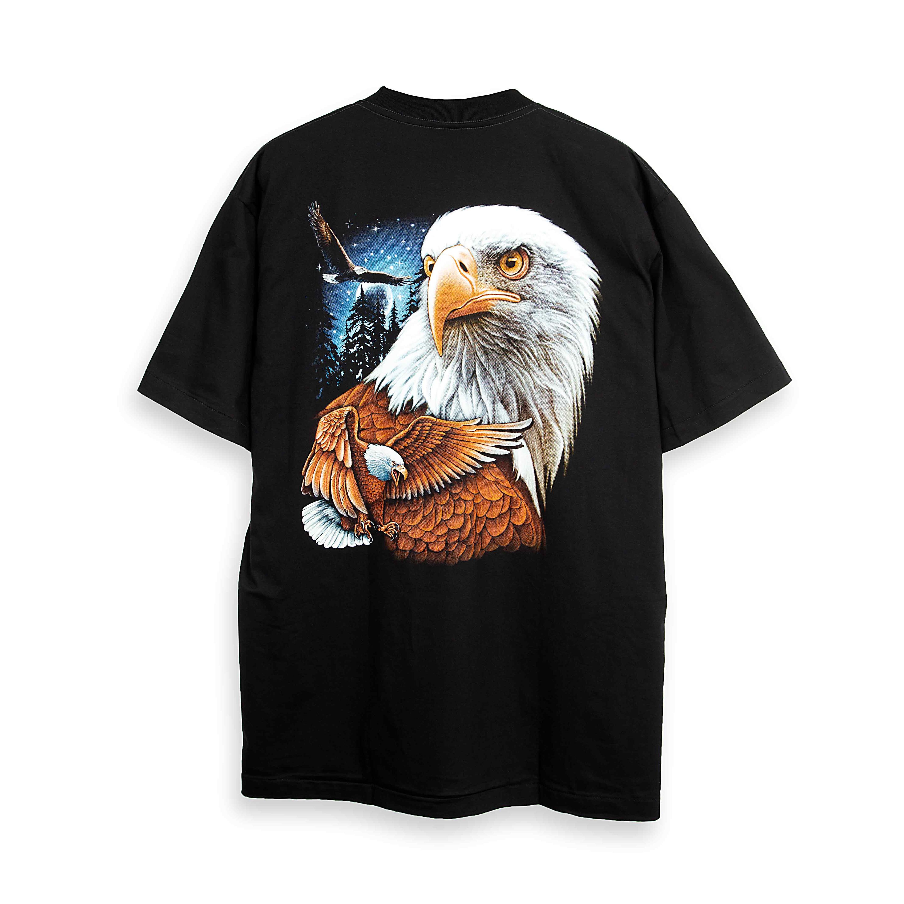 Rock Eagle black unisex t-shirt with a detailed, realistic graphic of a Bald Eagle's head and an eagle in flight against a blue, starry night sky.