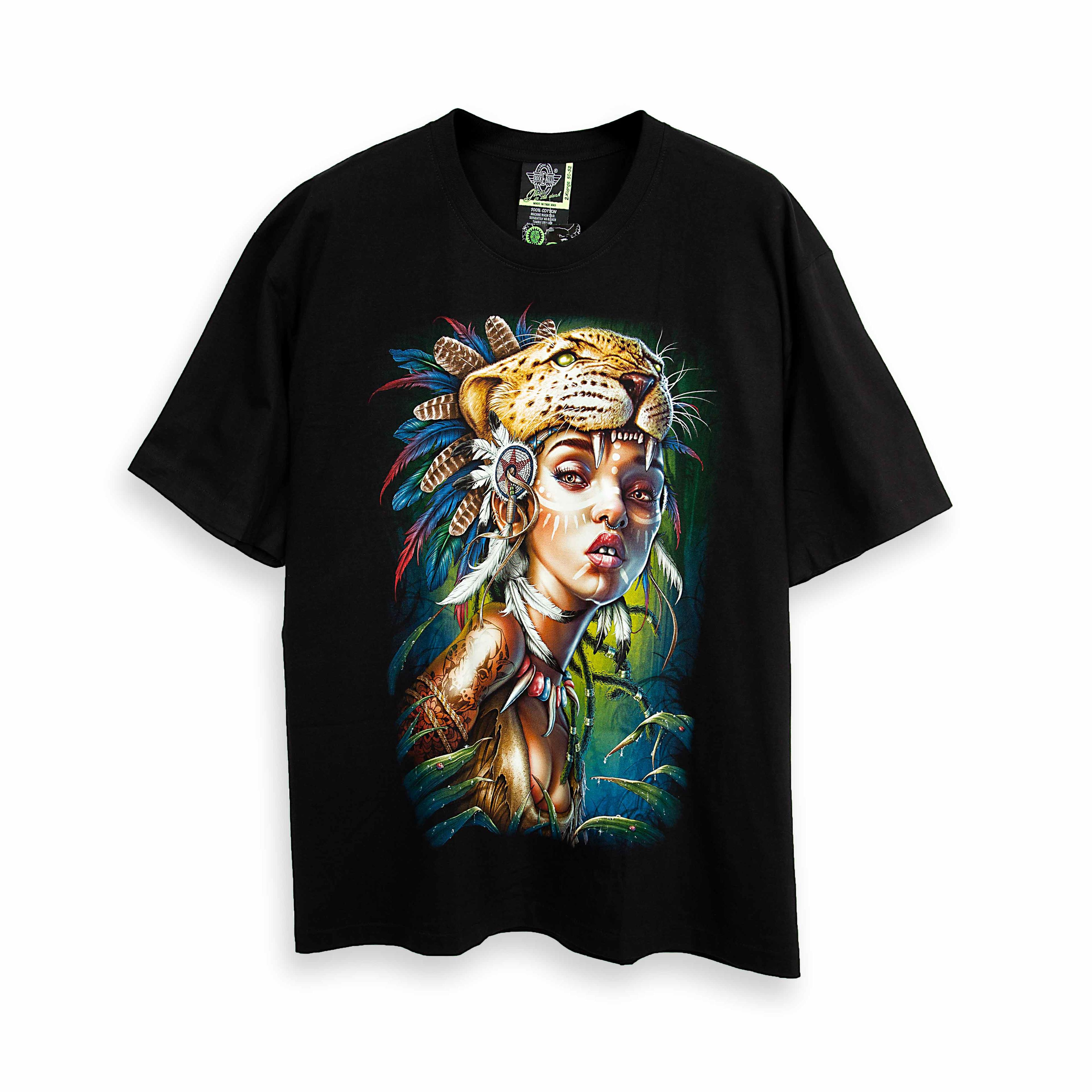 Rock Eagle black unisex t-shirt with a detailed graphic of a woman warrior wearing a leopard/jaguar headdress, body paint, and tribal jewelry in a misty jungle setting.