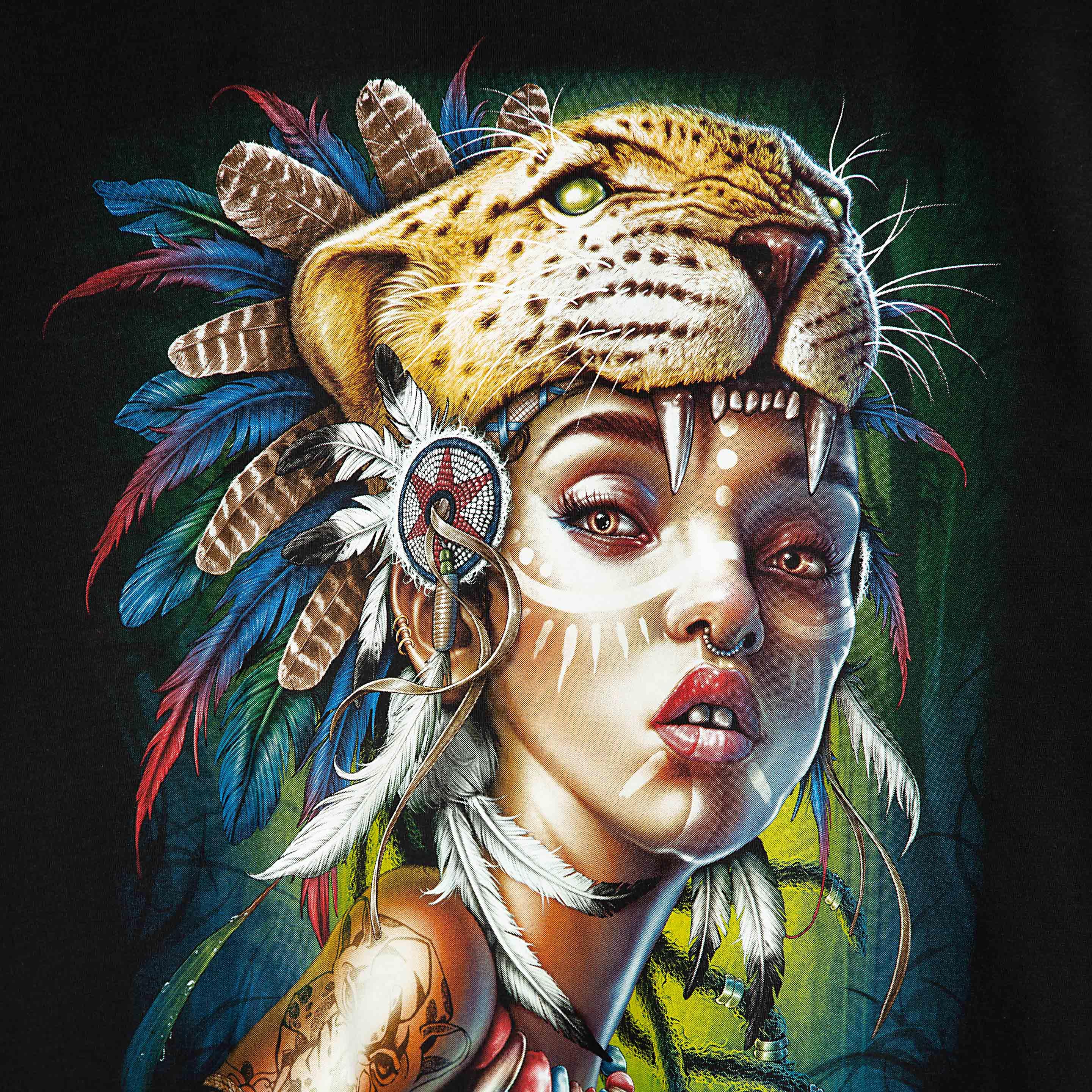 Rock Eagle black unisex t-shirt with a detailed graphic of a woman warrior wearing a leopard/jaguar headdress, body paint, and tribal jewelry in a misty jungle setting.