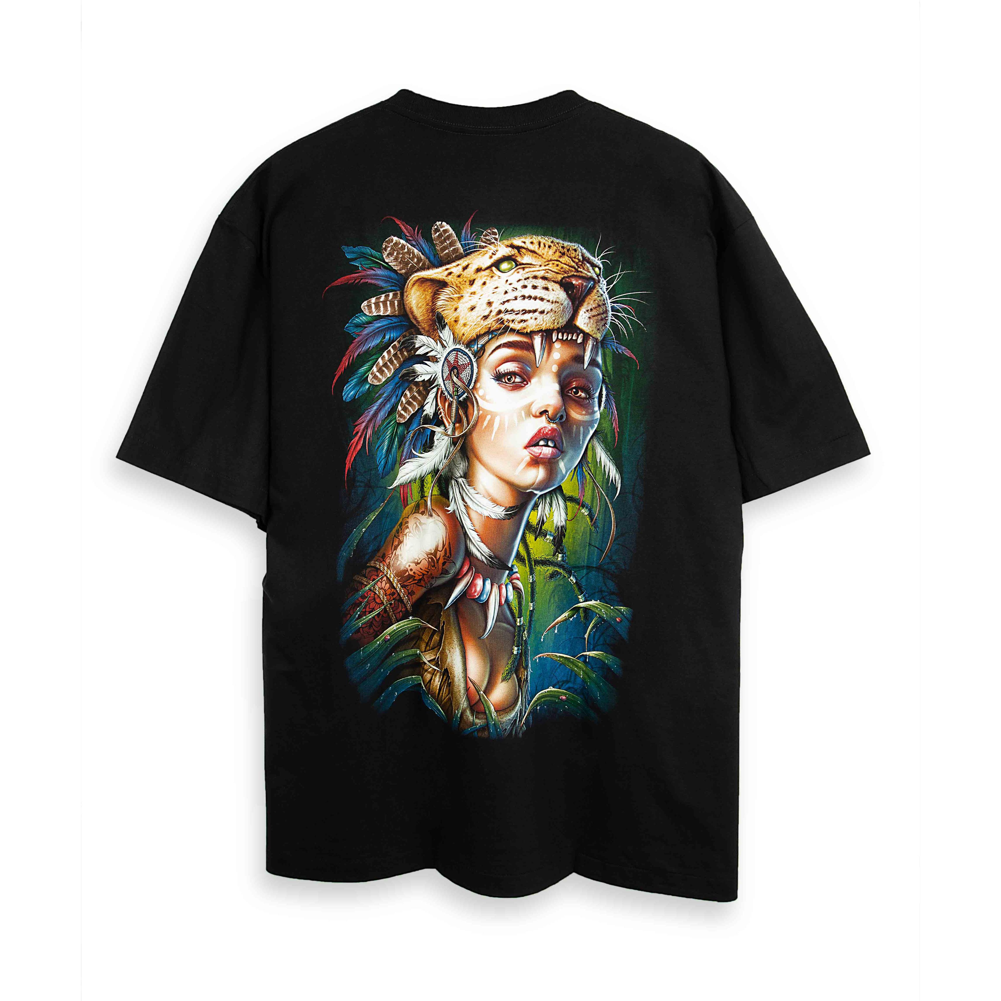 Rock Eagle black unisex t-shirt with a detailed graphic of a woman warrior wearing a leopard/jaguar headdress, body paint, and tribal jewelry in a misty jungle setting.