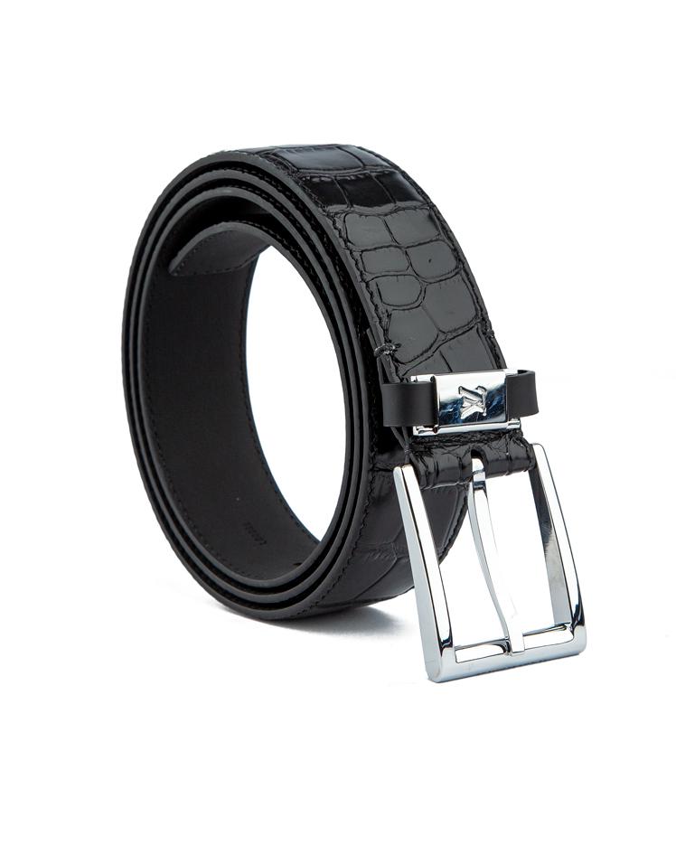 Classic Black Croc-Embossed Leather Belt with Silver Buckle, 12074- Black