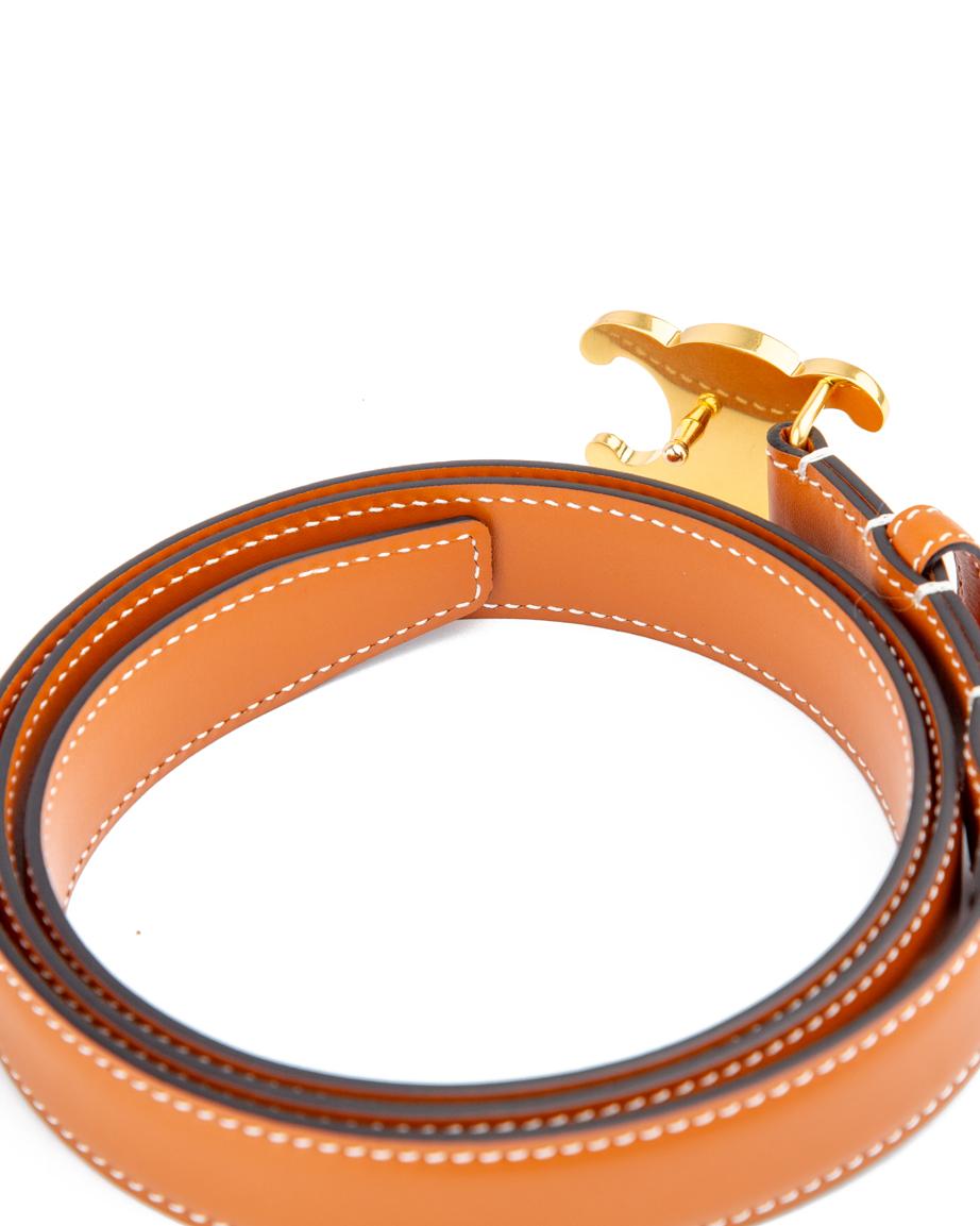 Luxury Brown Leather Belt with Gold Crescent Buckle – Unisex