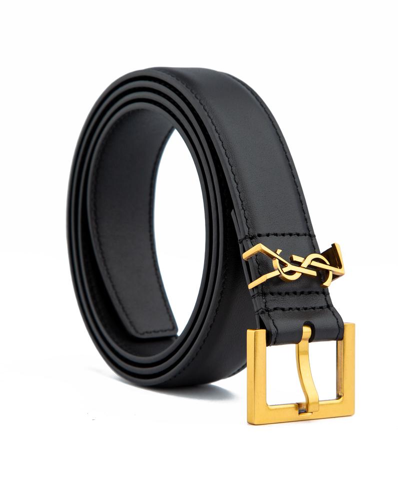 Luxury Black Leather Belt with Gold Buckle & Interlocking Detail – Unisex