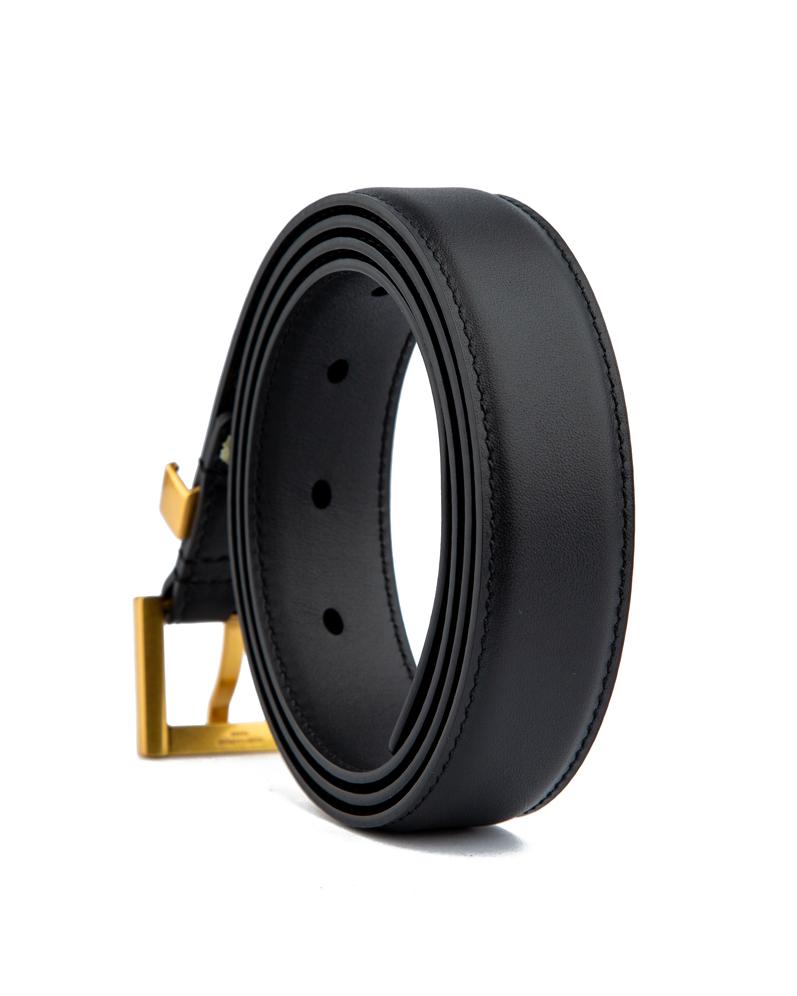 Luxury Black Leather Belt with Gold Buckle & Interlocking Detail – Unisex