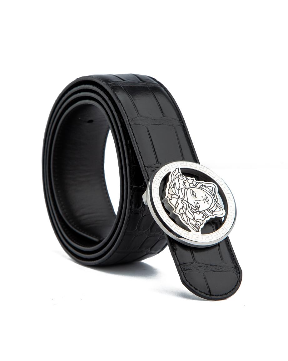 Luxury Black Croc-Embossed Leather Belt with Medusa Metal Buckle – Unisex