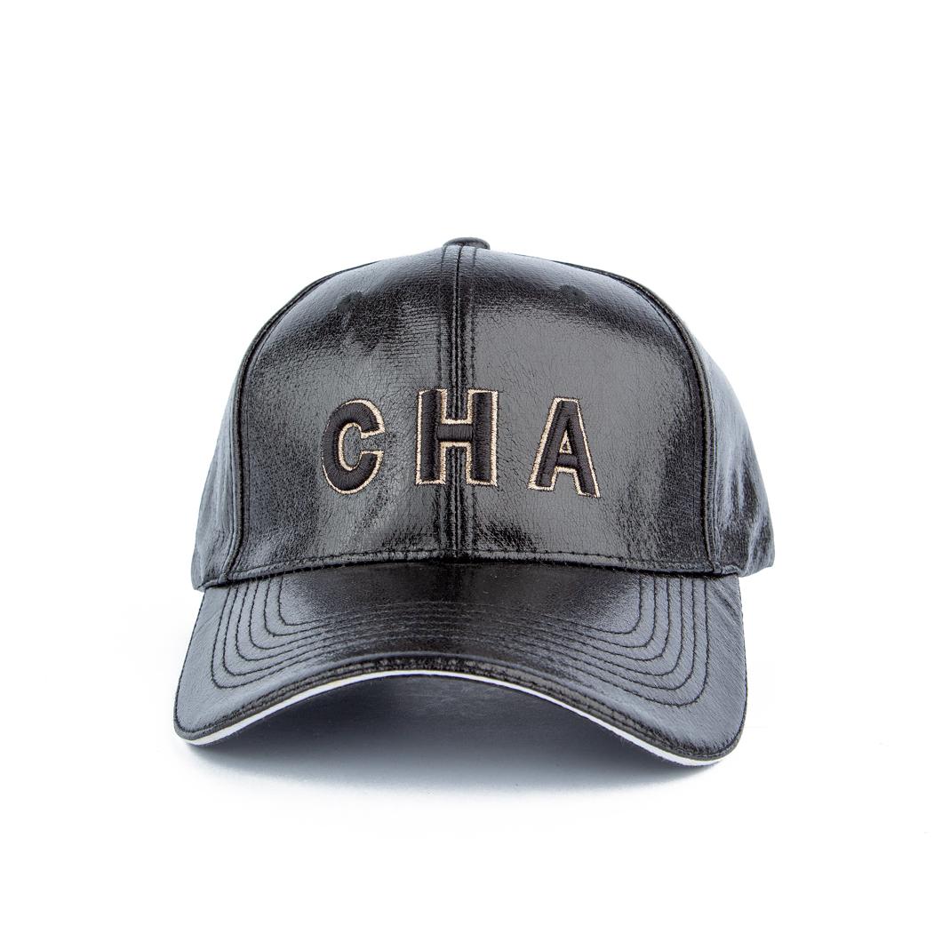 CHA Black Leather Baseball Face Cap - Unisex Faux Leather Hat