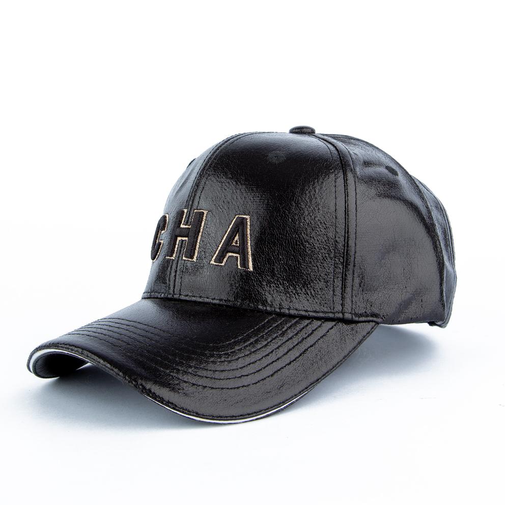 CHA Black Leather Baseball Face Cap - Unisex Faux Leather Hat