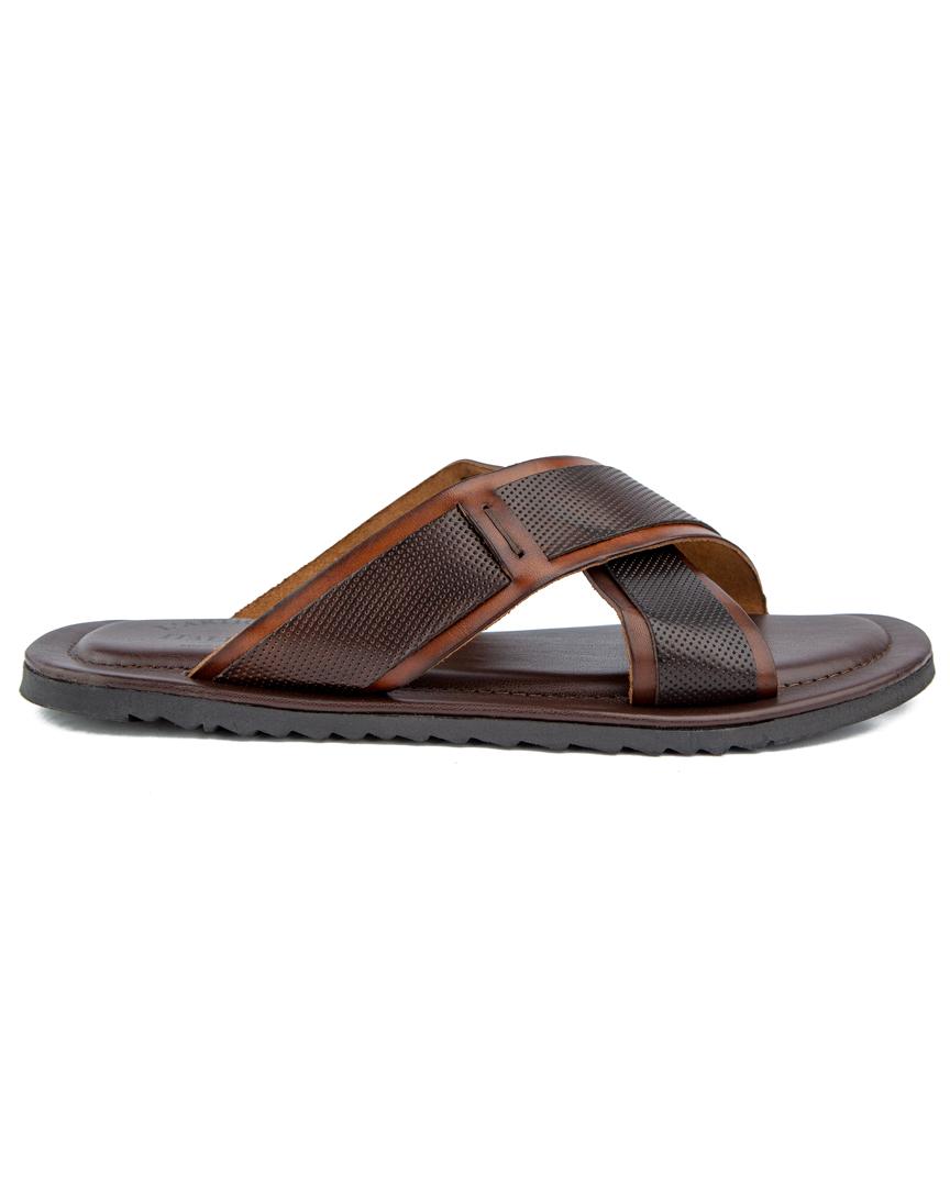 Classic brown cross-strap leather sandals for men – stylish, breathable, and durable with a cushioned sole for maximum comfort.
