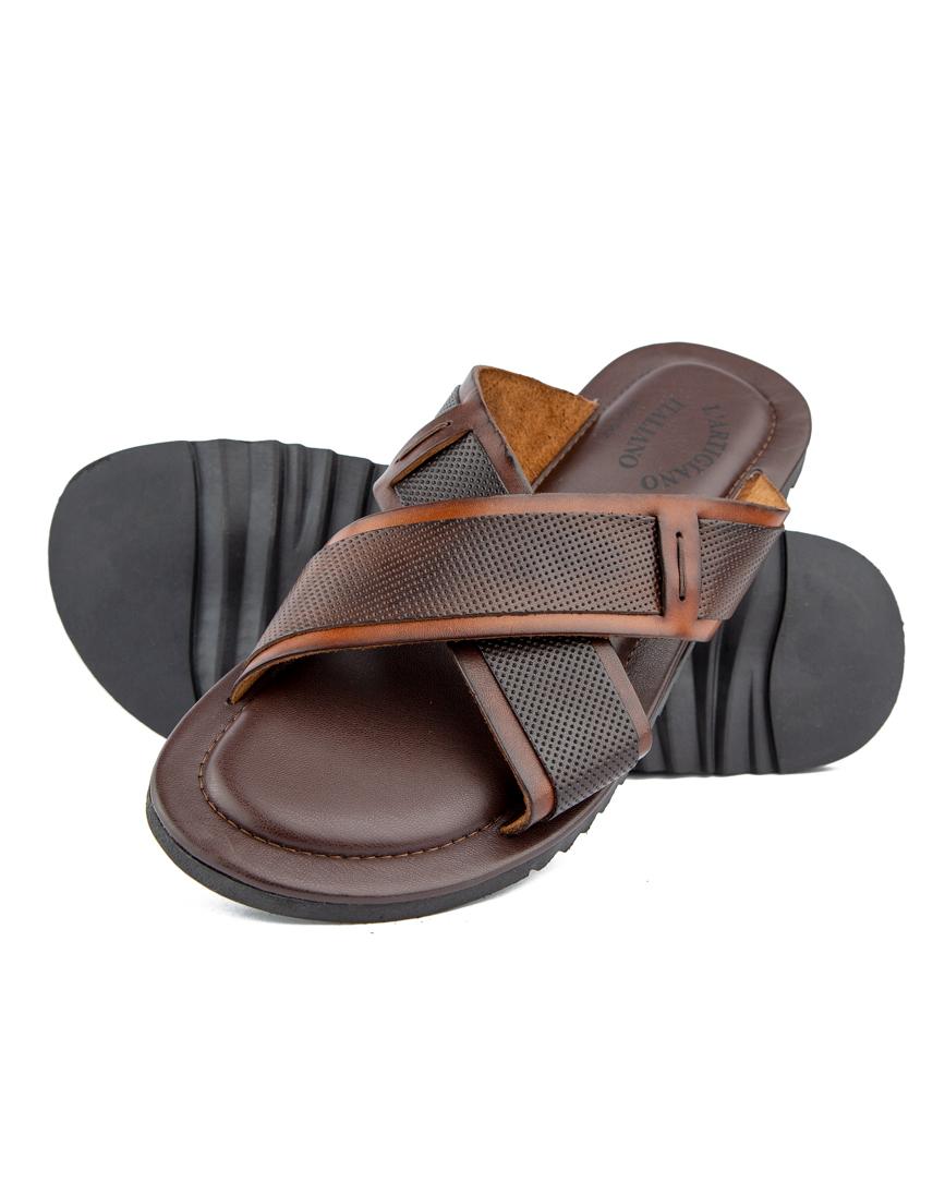 Classic brown cross-strap leather sandals for men – stylish, breathable, and durable with a cushioned sole for maximum comfort.