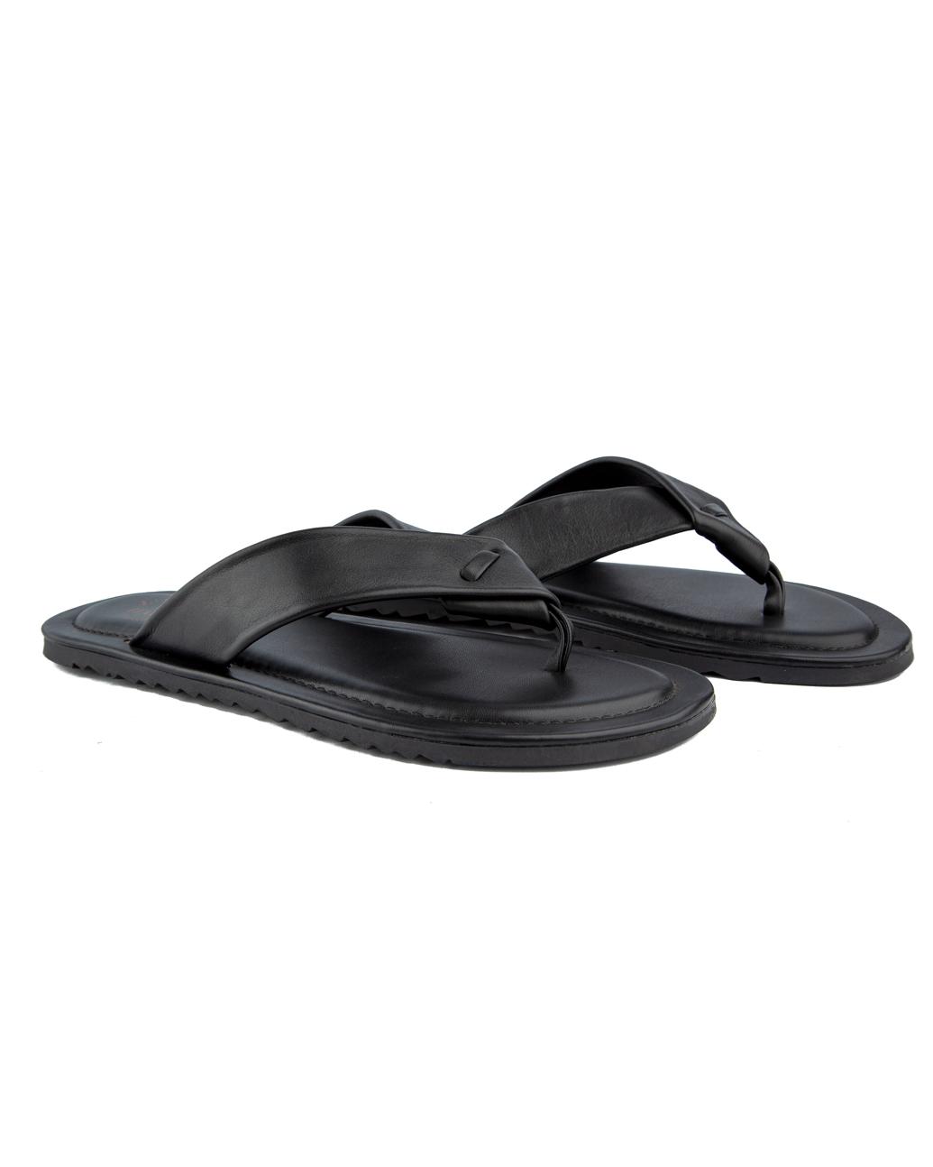Classic black leather flip-flop sandals with a cushioned wide strap, durable sole, and comfortable fit, perfect for casual and everyday wear.