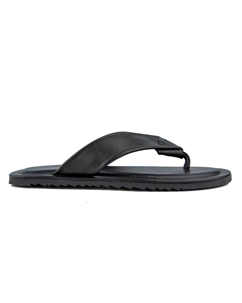 Classic black leather flip-flop sandals with a cushioned wide strap, durable sole, and comfortable fit, perfect for casual and everyday wear.