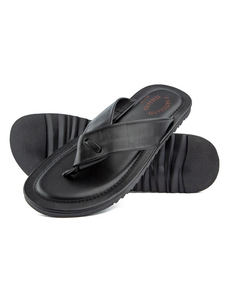 Classic black leather flip-flop sandals with a cushioned wide strap, durable sole, and comfortable fit, perfect for casual and everyday wear.