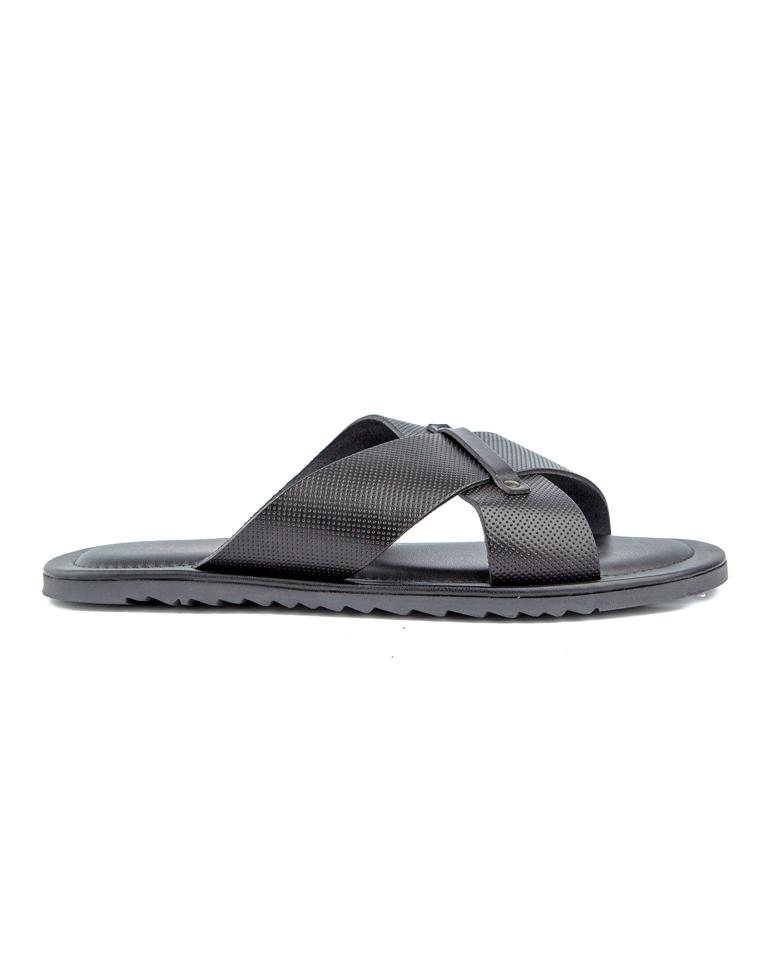 Classic black cross-strap leather sandals with cushioned footbed and durable rubber sole, perfect for casual and formal occasions.