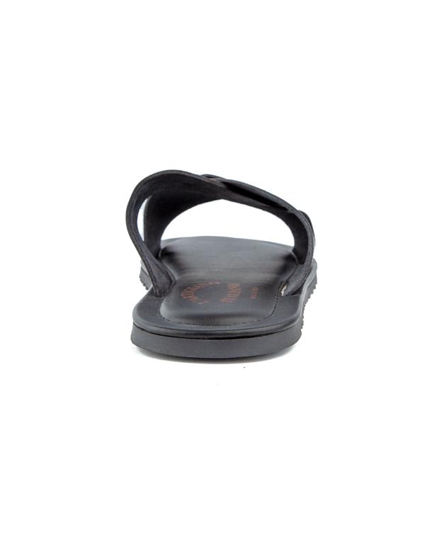 Classic black cross-strap leather sandals with cushioned footbed and durable rubber sole, perfect for casual and formal occasions.