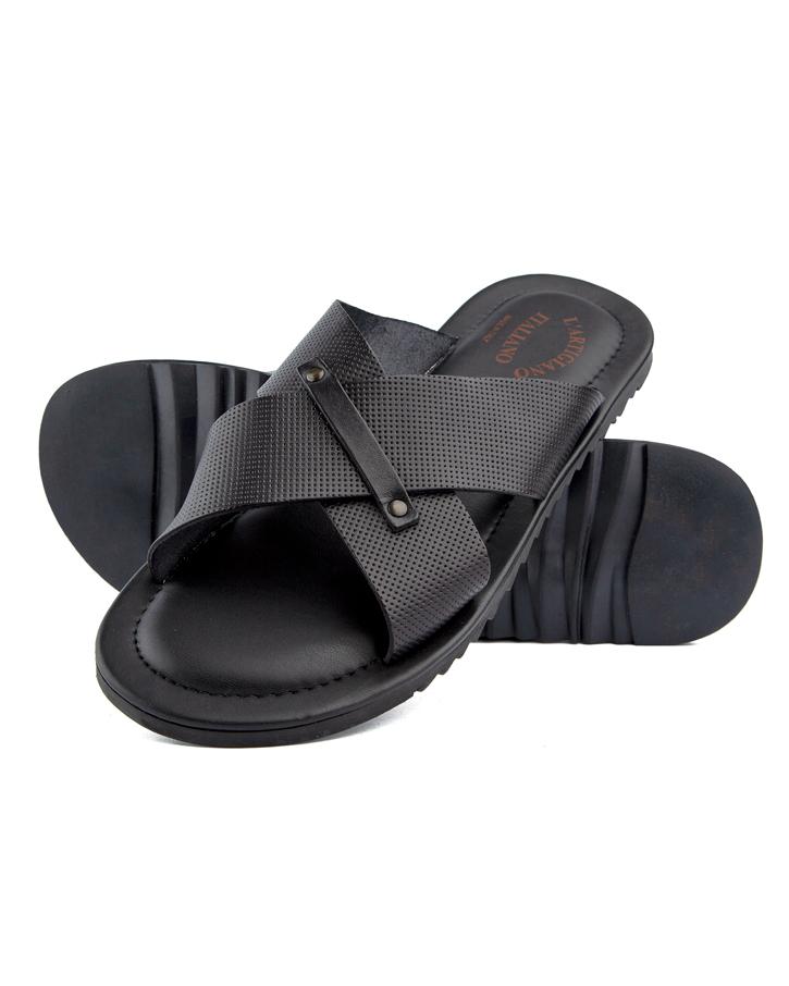 Classic black cross-strap leather sandals with cushioned footbed and durable rubber sole, perfect for casual and formal occasions.
