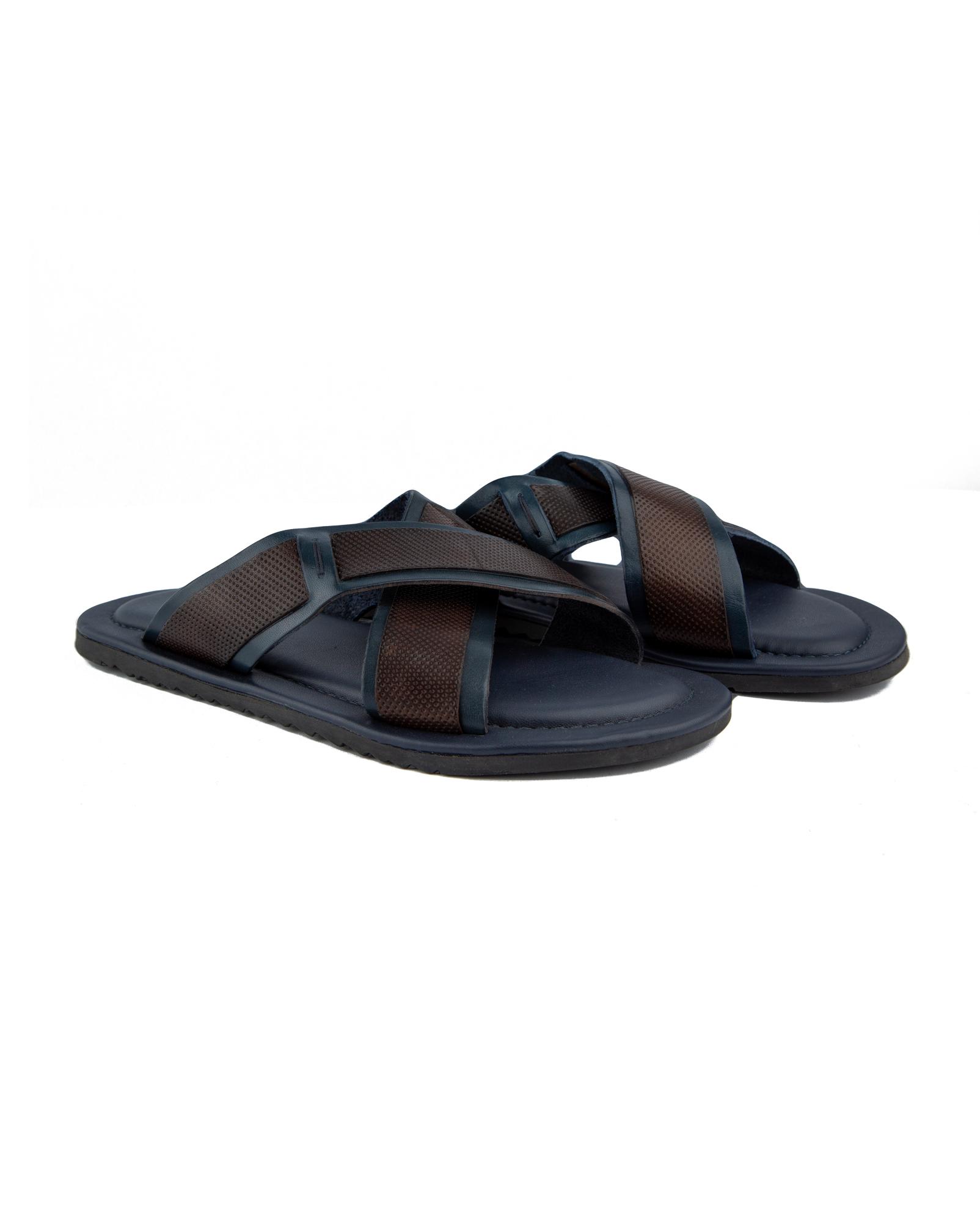 Men's navy blue leather cross strap sandals with dark brown accents.