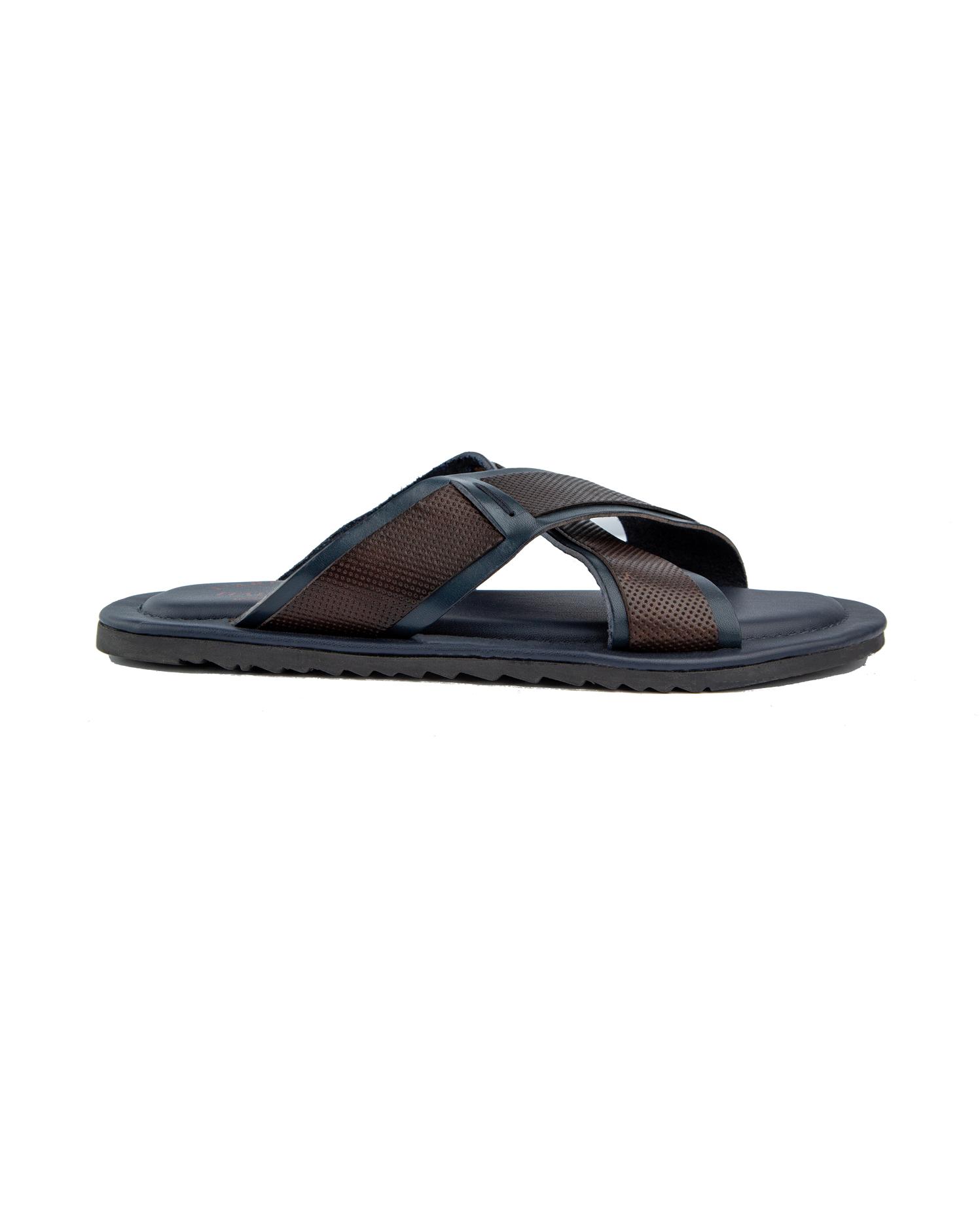 Men's navy blue leather cross strap sandals with dark brown accents.