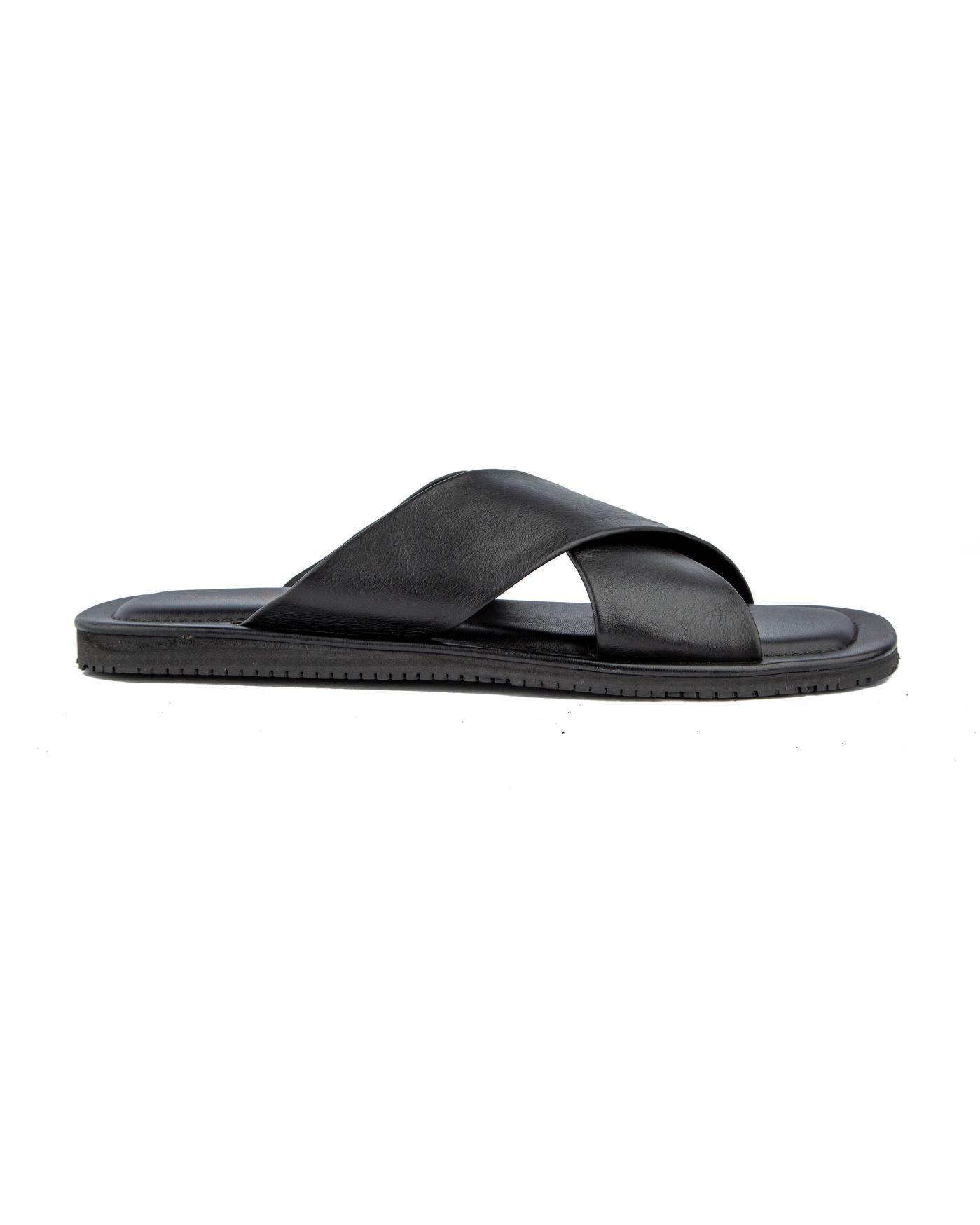 Men's black leather cross strap sandals.