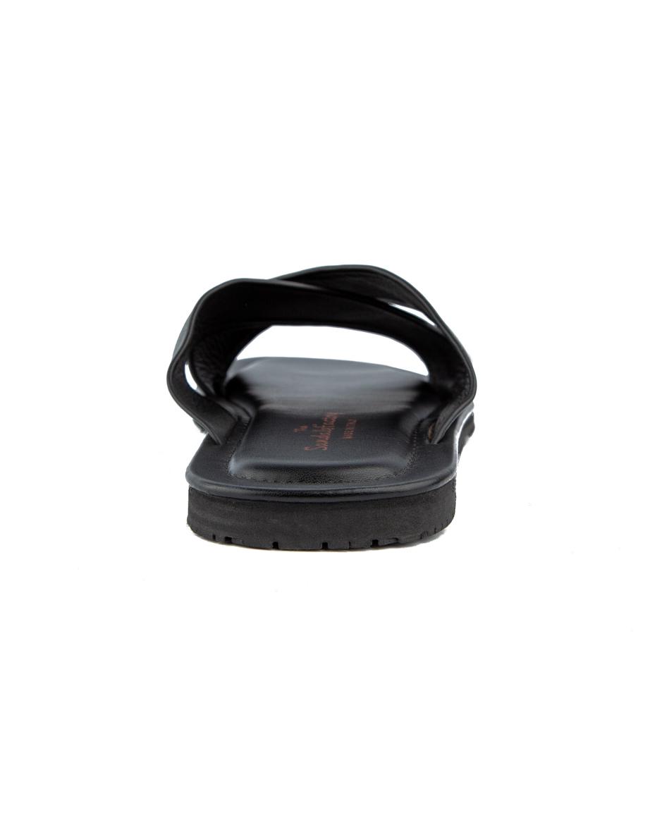 Men's black leather cross strap sandals.