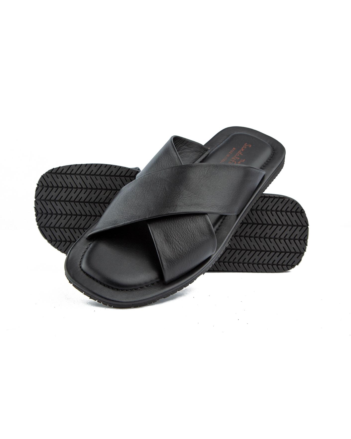 Men's black leather cross strap sandals.
