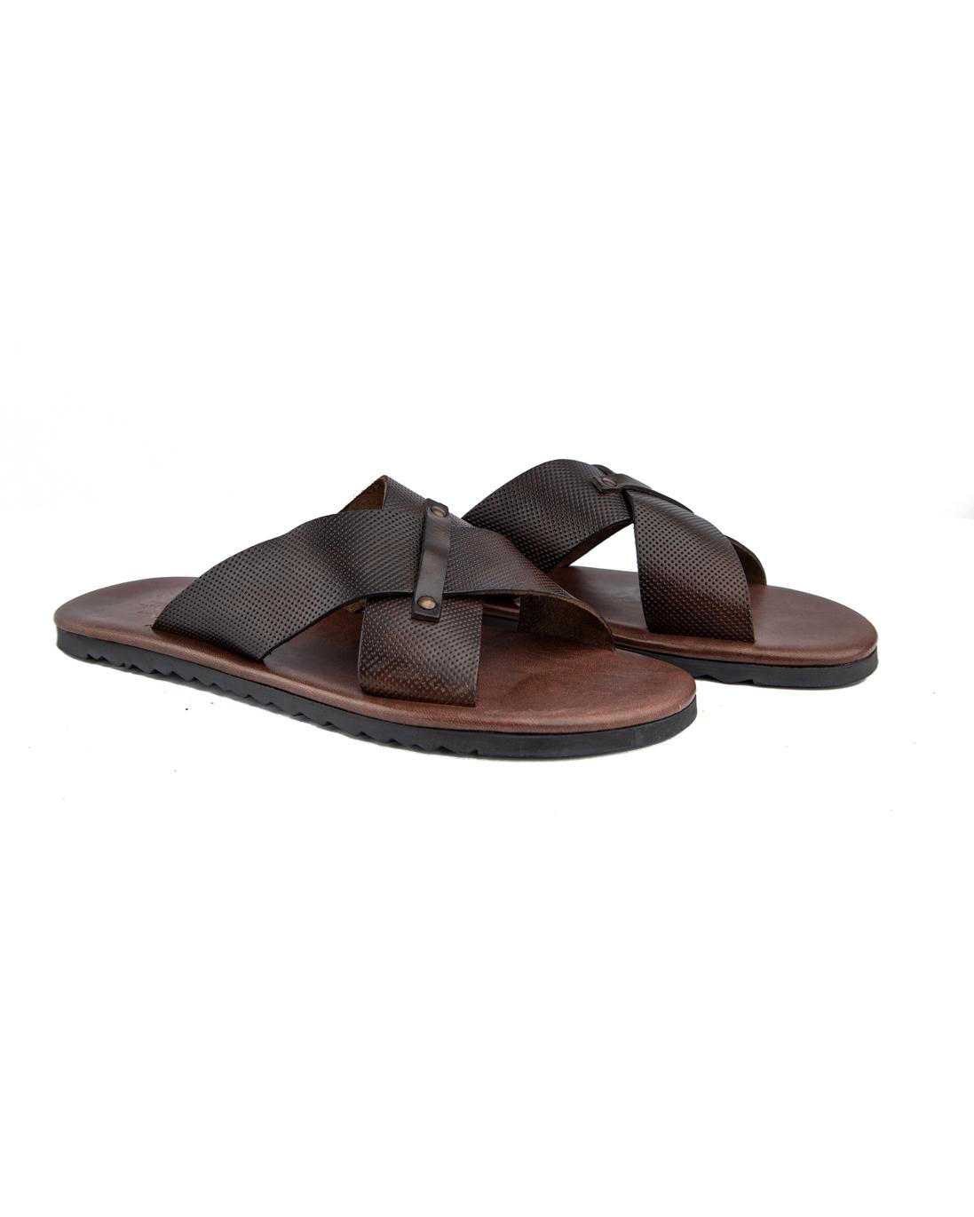 Men's brown leather cross strap slide sandals.