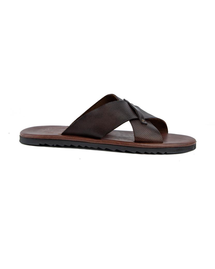 Men's brown leather cross strap slide sandals.