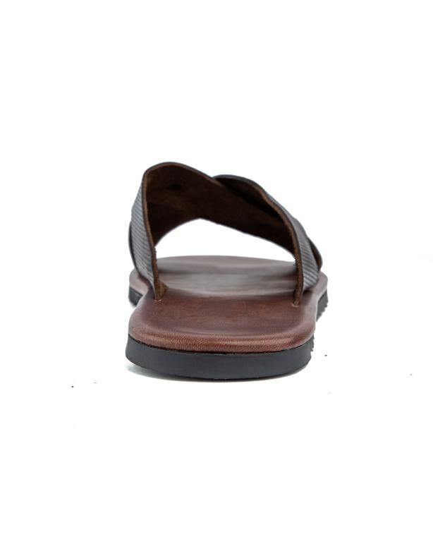 Men's brown leather cross strap slide sandals.