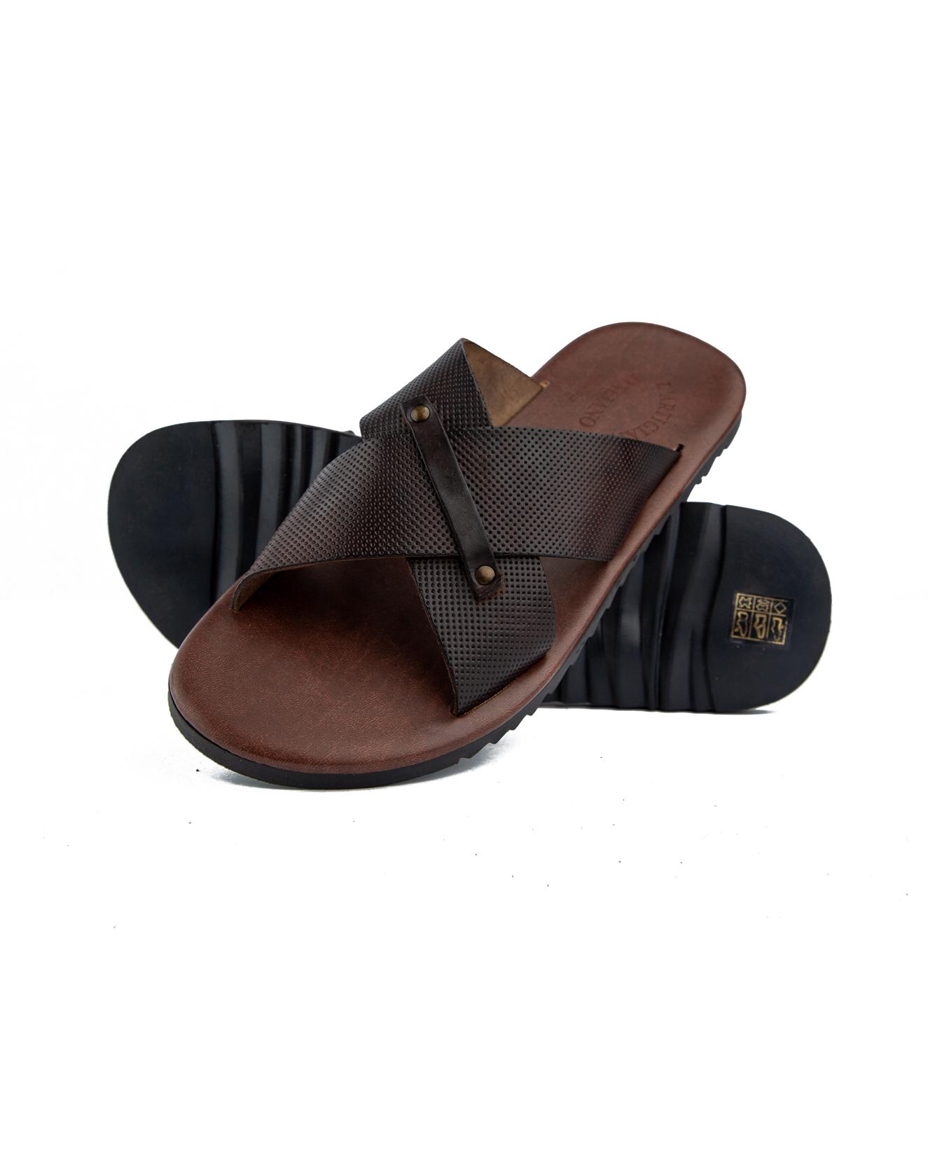 Men's brown leather cross strap slide sandals.