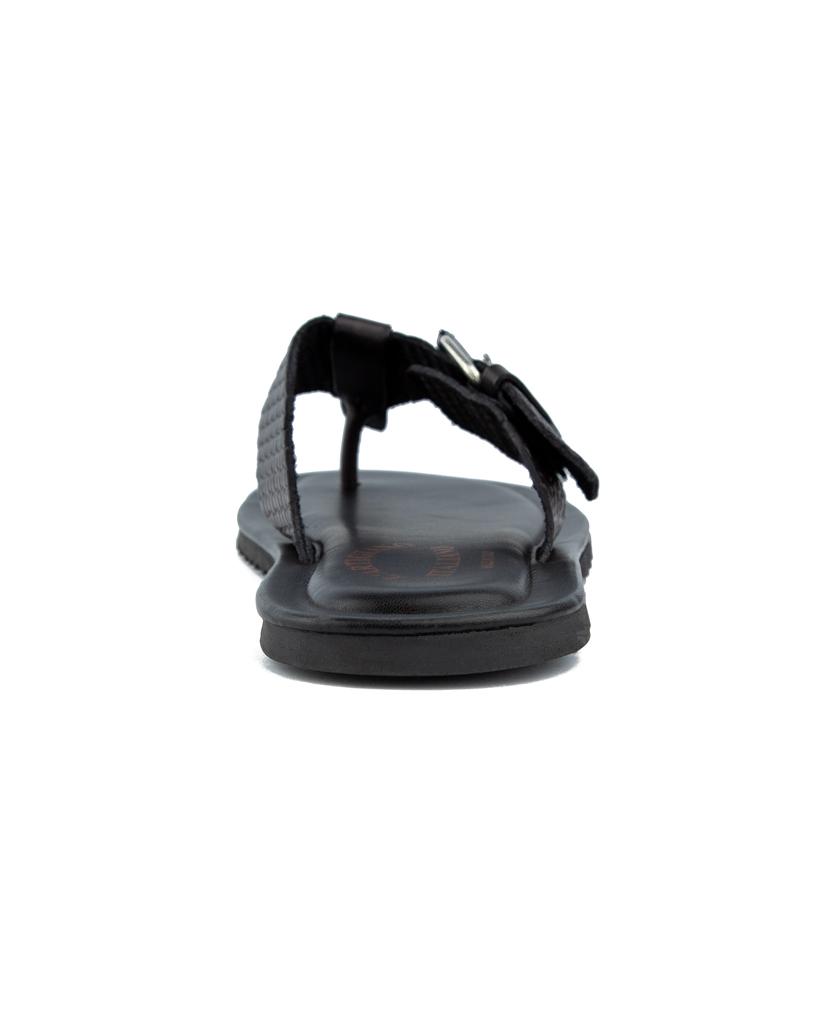 Men's Artigiano Italian black leather thong sandals with buckle detail.