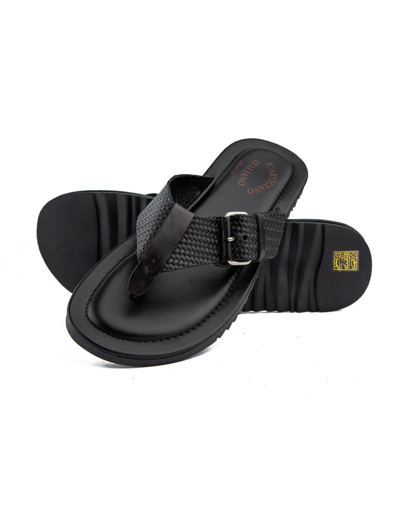 Artigiano Italian black leather thong sandals with buckle detail.