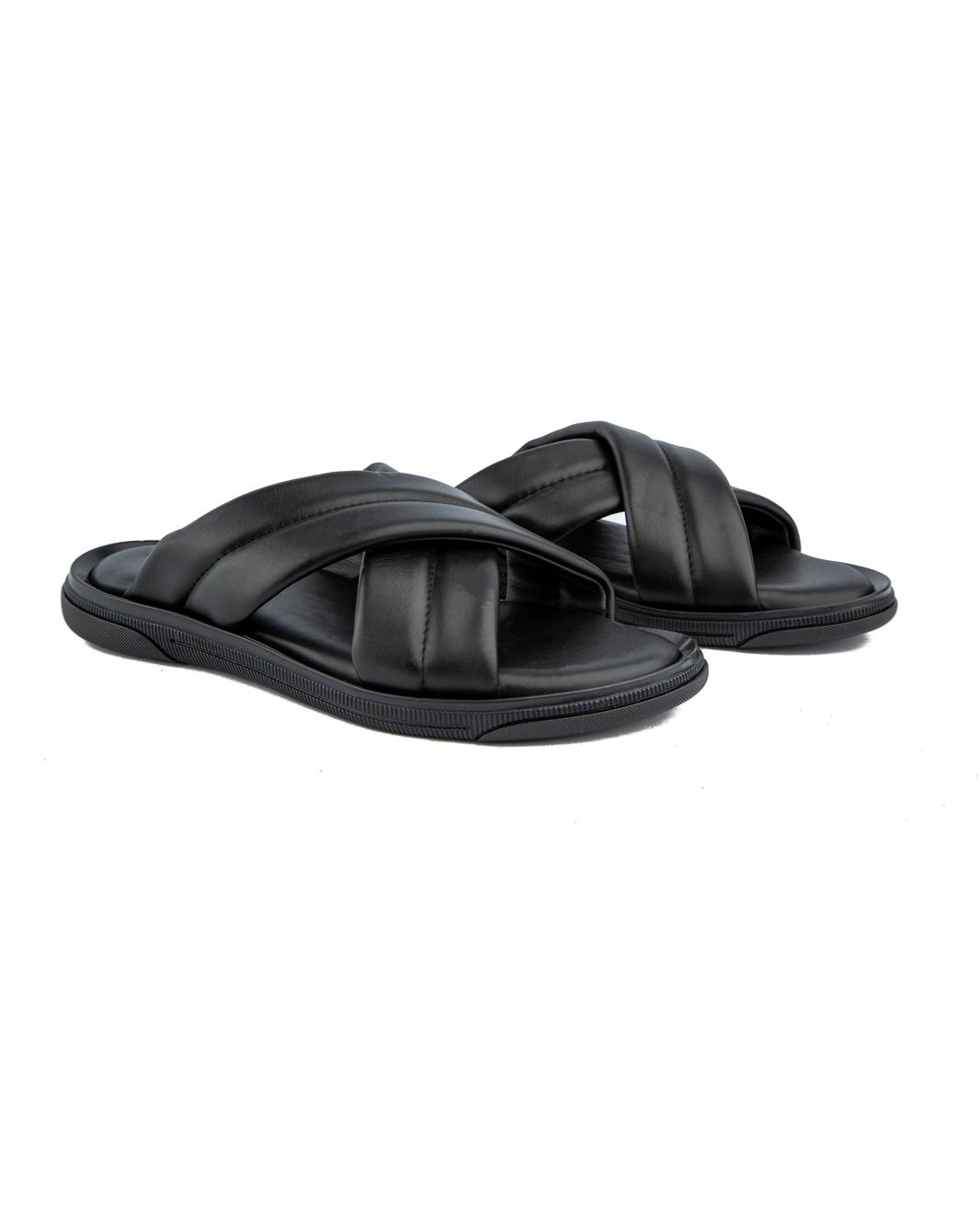 Men's black padded leather cross strap slide sandals.