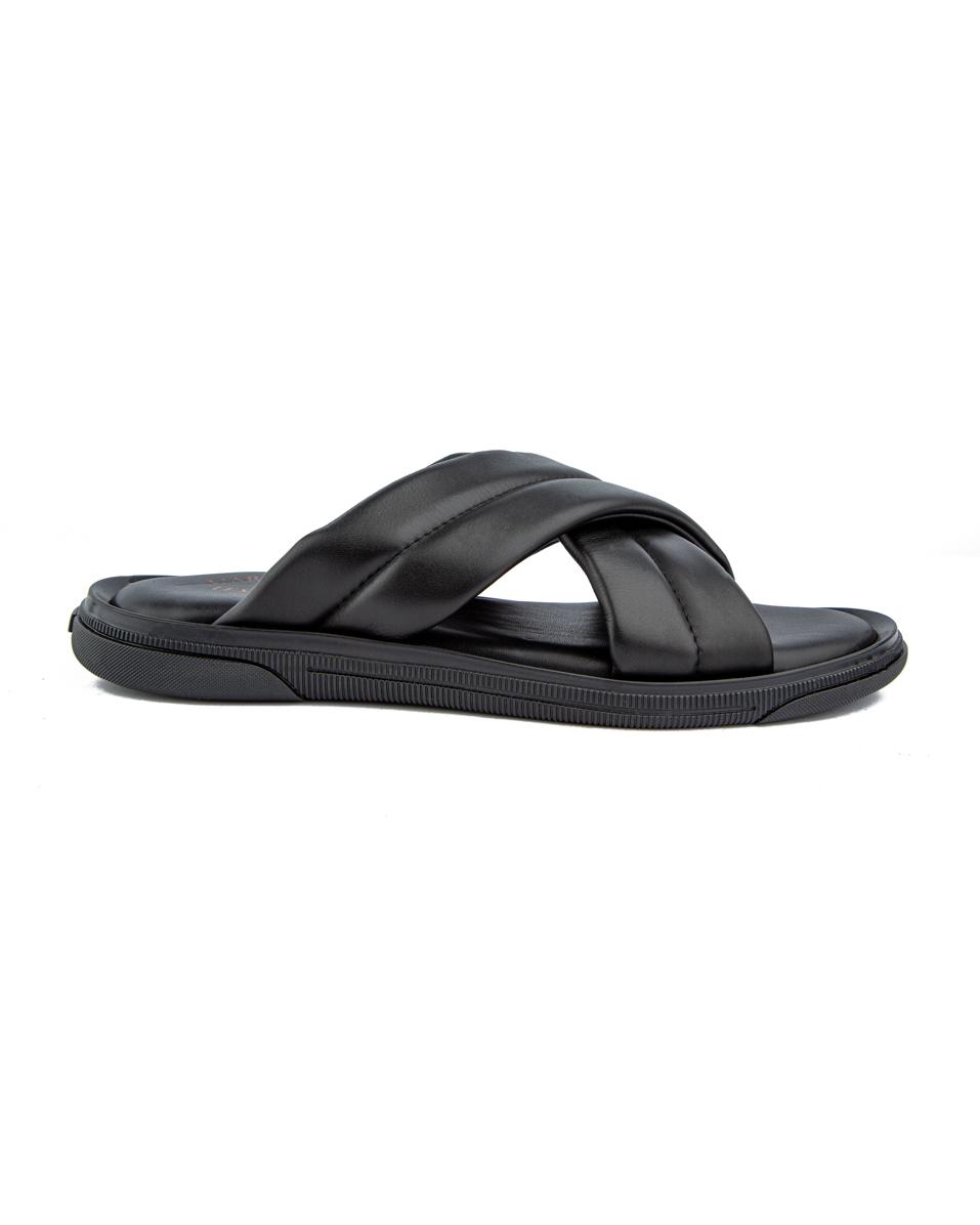 Men's black padded leather cross strap slide sandals.