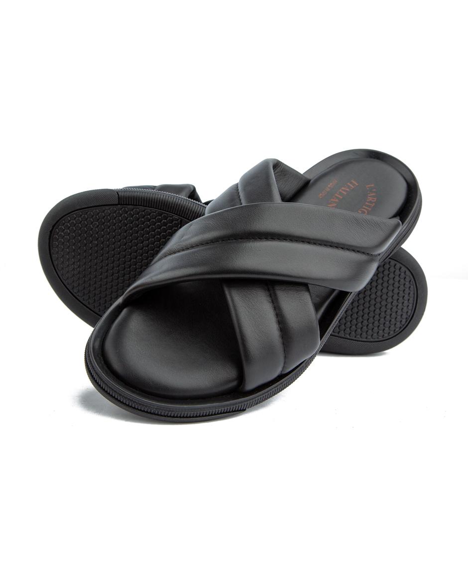 Men's black padded leather cross strap slide sandals.