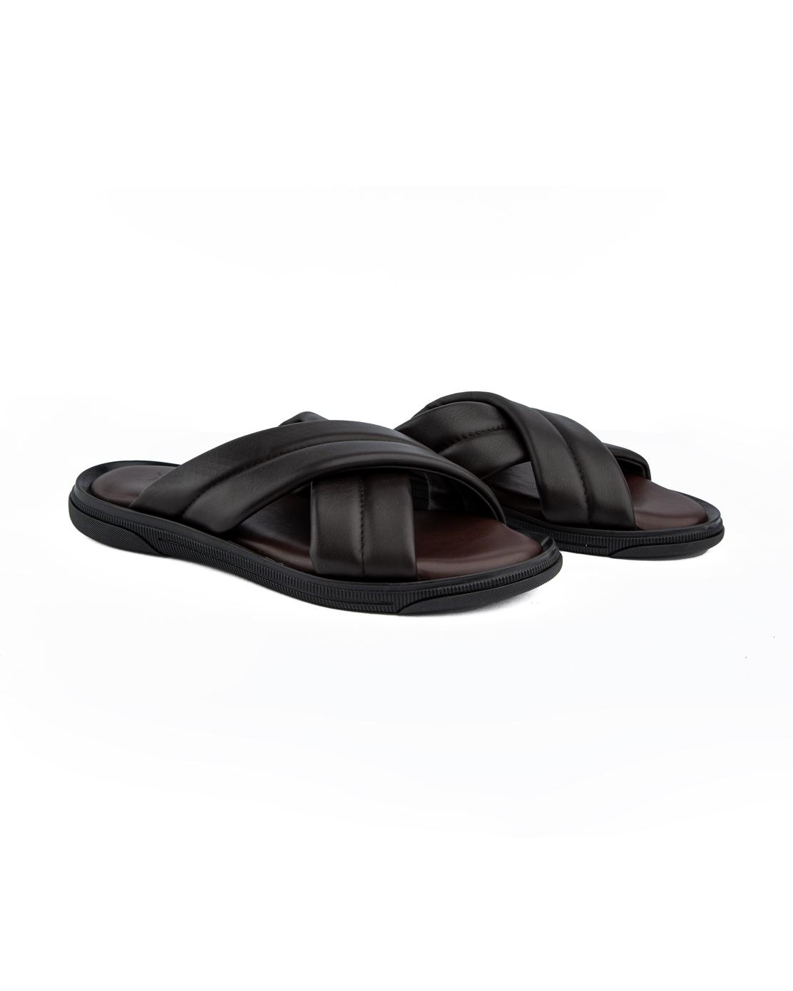 Men's brown leather padded cross strap sandals.