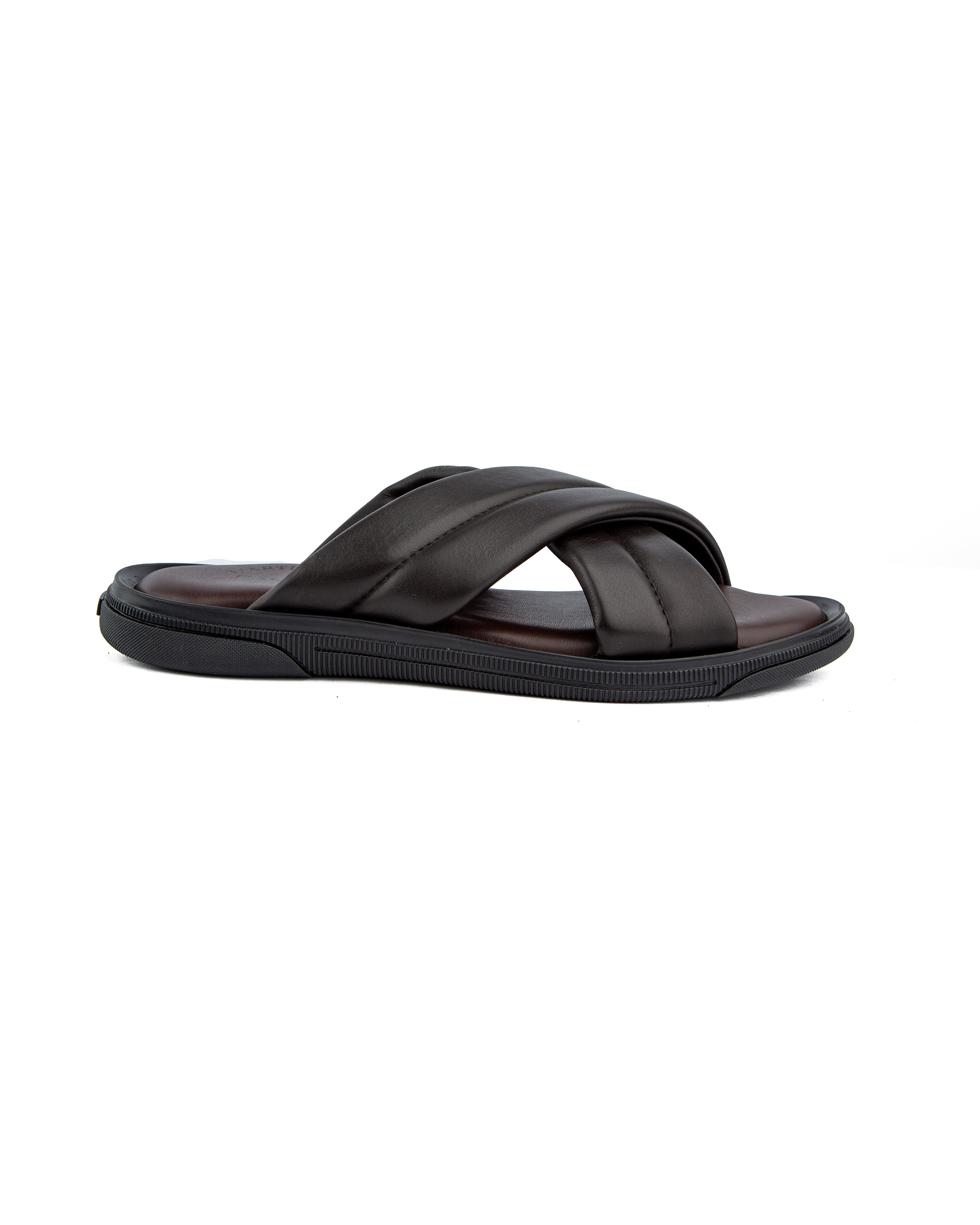 Men's brown leather padded cross strap sandals."