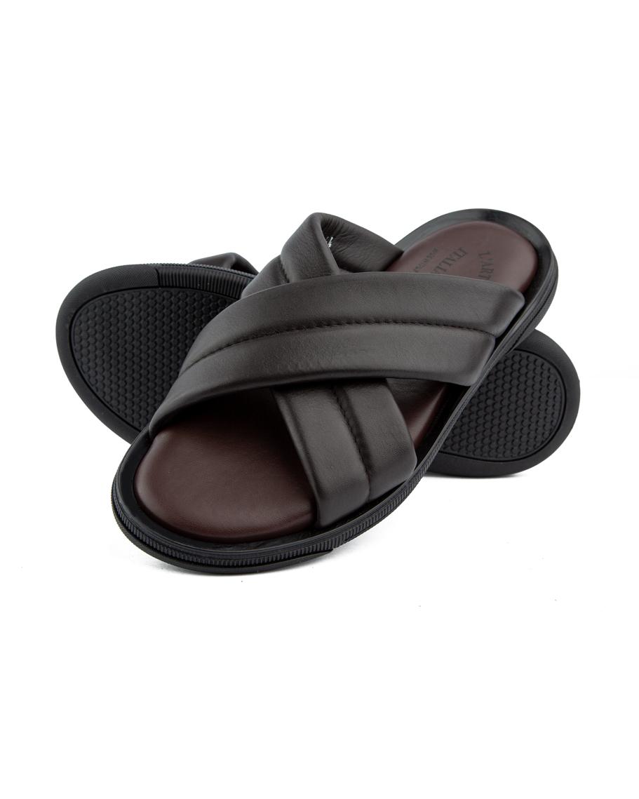 Men's brown leather padded cross strap sandals.