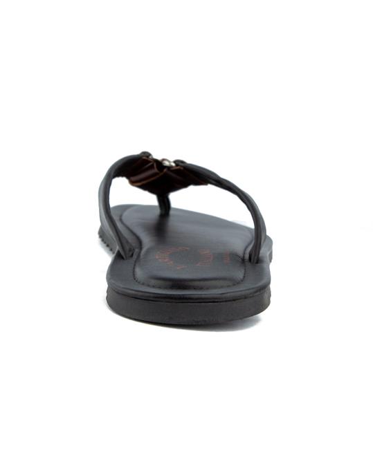 Artigiano Italian black leather thong sandals with brown contrast.
