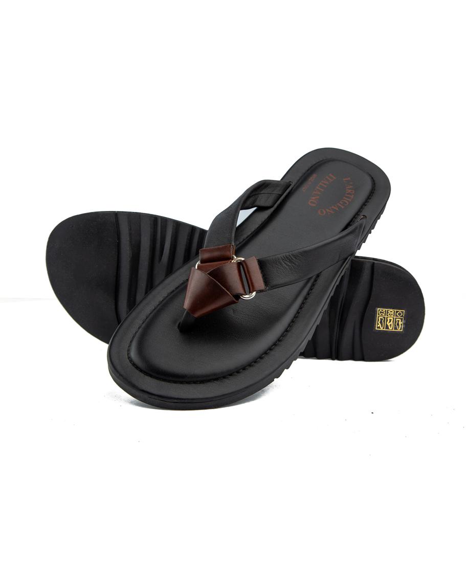Artigiano Italian black leather thong sandals with brown contrast.