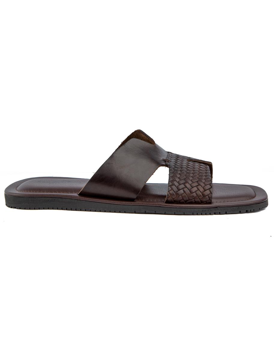 Stylish brown woven cross-strap leather sandals with cushioned footbed and anti-slip rubber sole, perfect for casual and semi-formal wear.