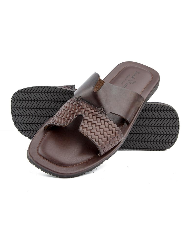 Stylish brown woven cross-strap leather sandals with cushioned footbed and anti-slip rubber sole, perfect for casual and semi-formal wear.