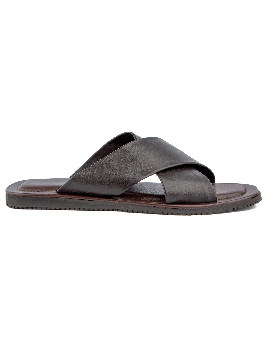 Elegant black cross-strap leather sandals with cushioned footbed and durable rubber sole, offering both comfort and style for casual and semi-formal wear.